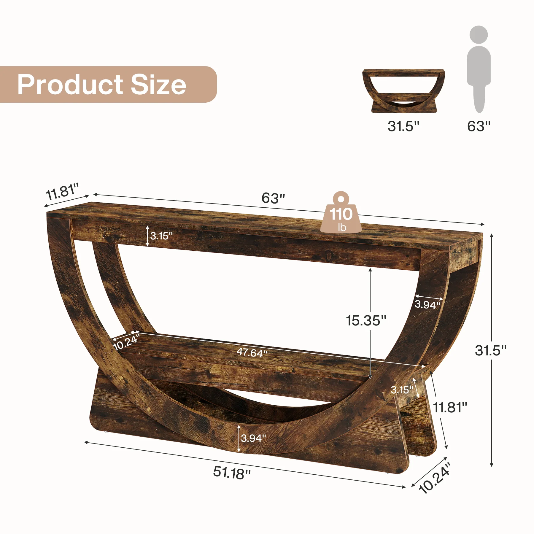 63" Console Table, 2-Tier Entryway Table with Storage Shelves & Arched Frame - Image 2