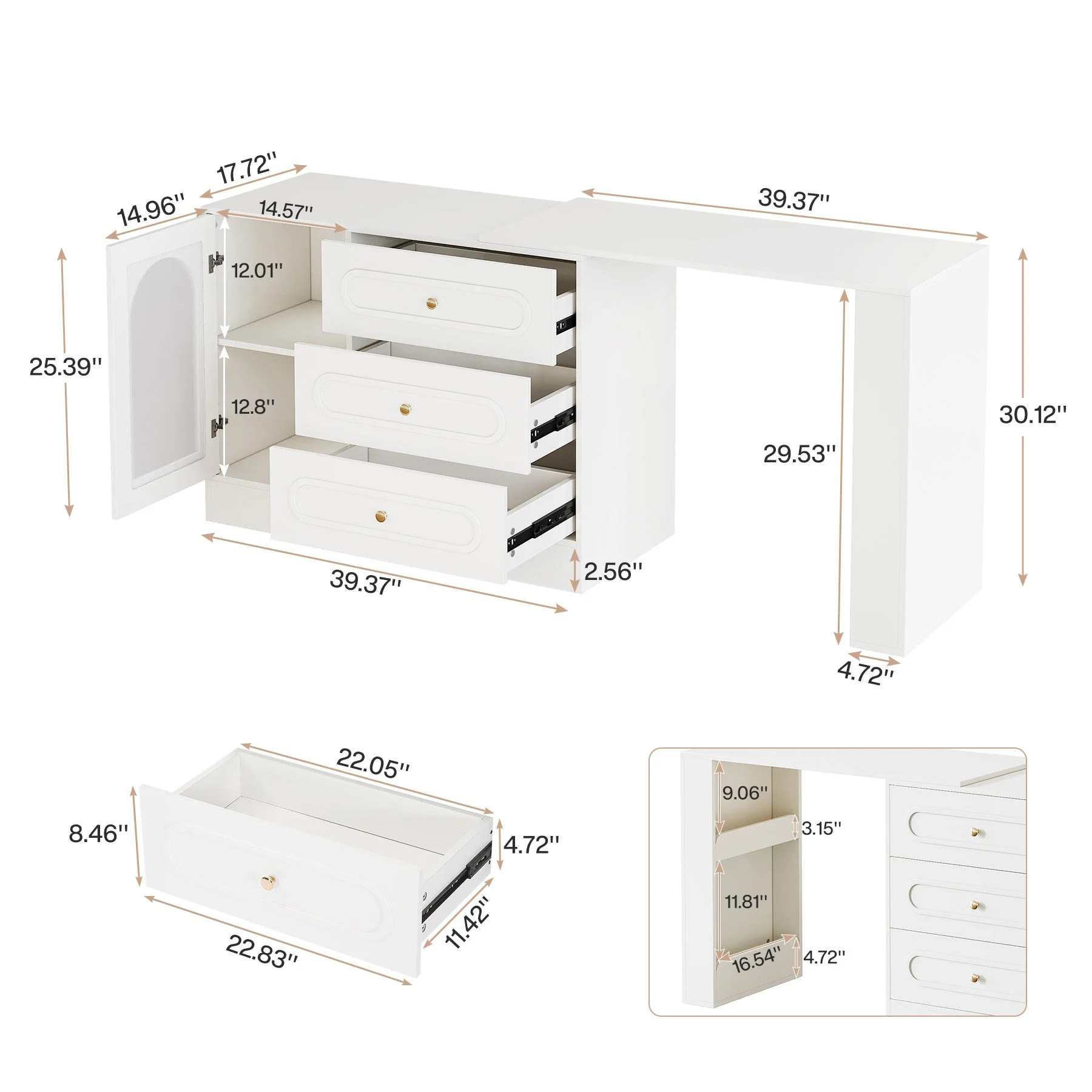 Makeup Desk, 360° Rotatable Vanity Desk with 3 Drawers(Without Mirror) - Image 2