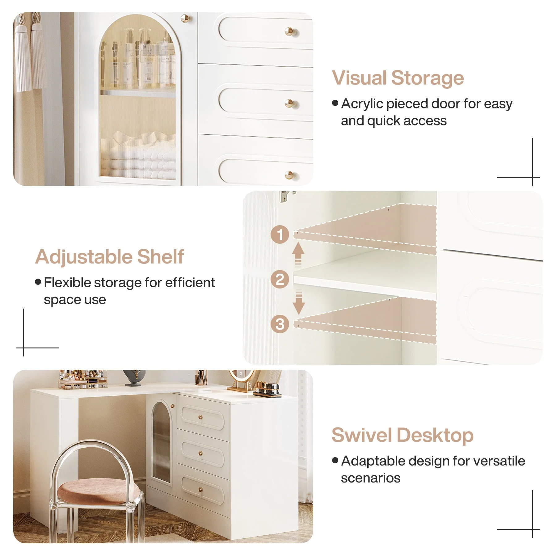 Makeup Desk, 360° Rotatable Vanity Desk with 3 Drawers(Without Mirror) - Image 7