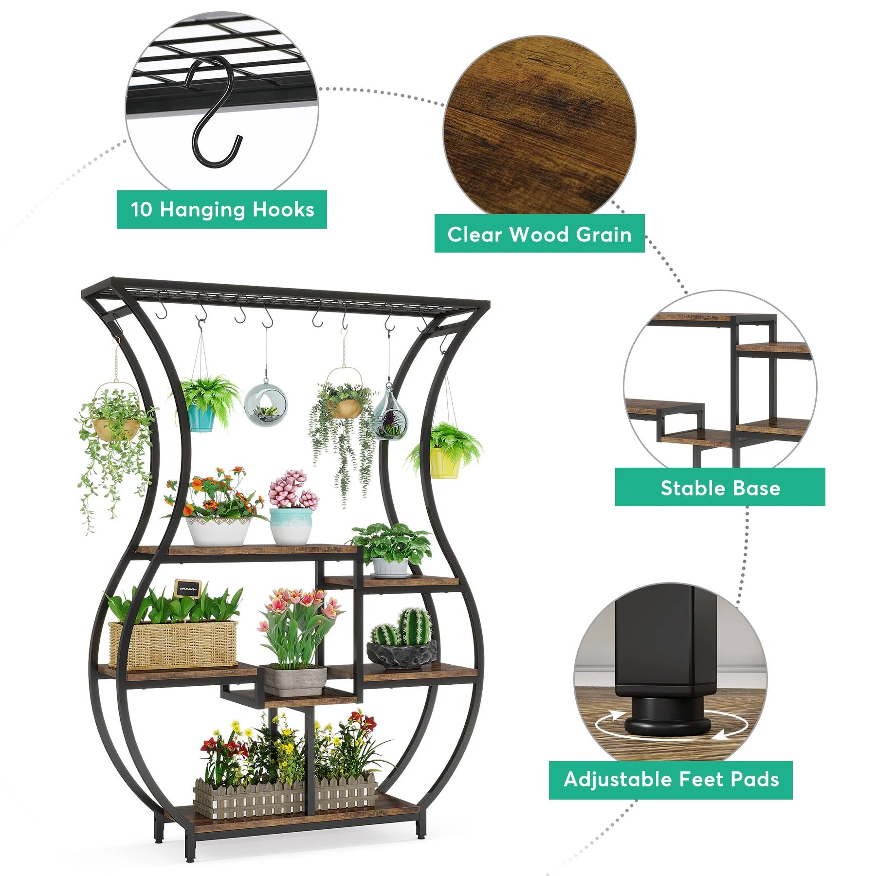 Vase-Shaped Plant Stand, 6-Tier Plant Display Rack with 10 Hanging Hooks - Image 7