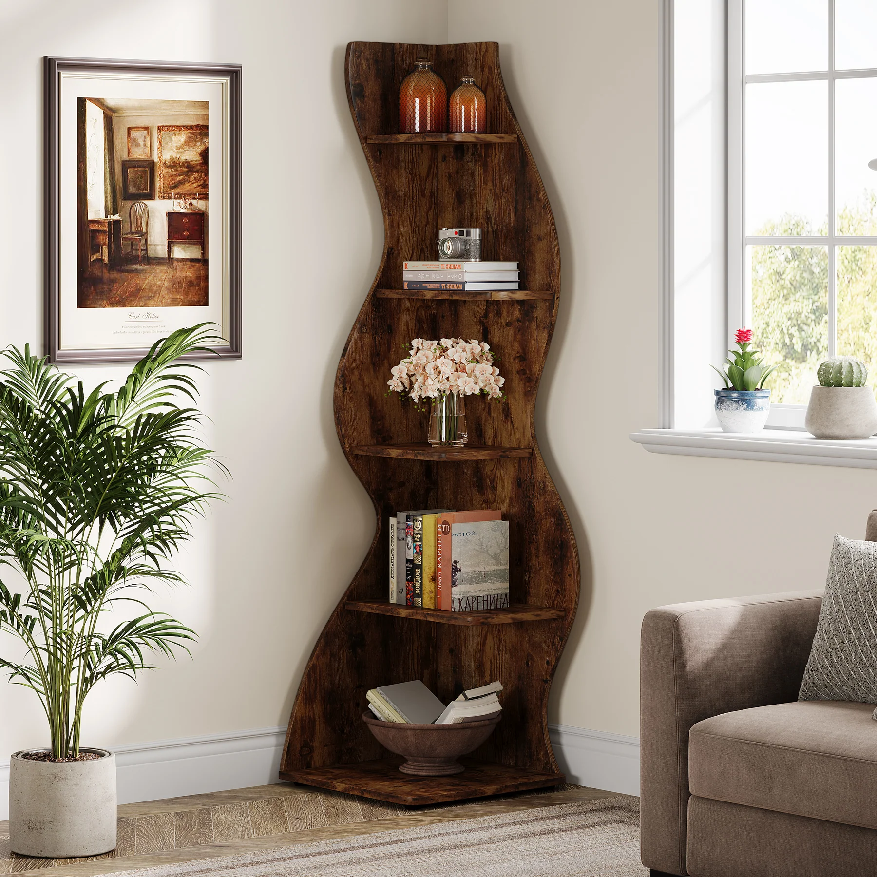 5-Tier Corner Shelf, Wavy Bookshelf Bookcase Display Rack for Home Office