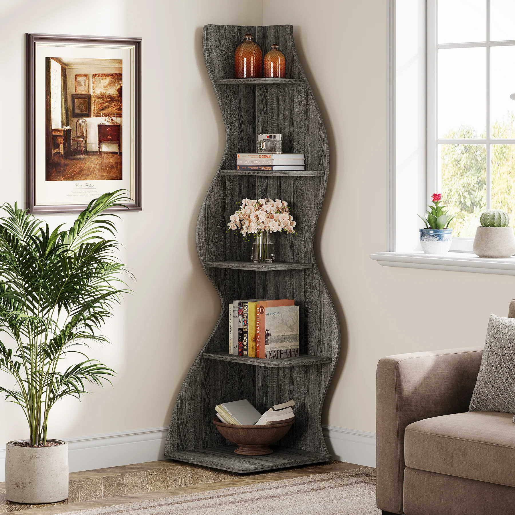 5-Tier Corner Shelf, Wavy Bookshelf Bookcase Display Rack for Home Office - Image 10