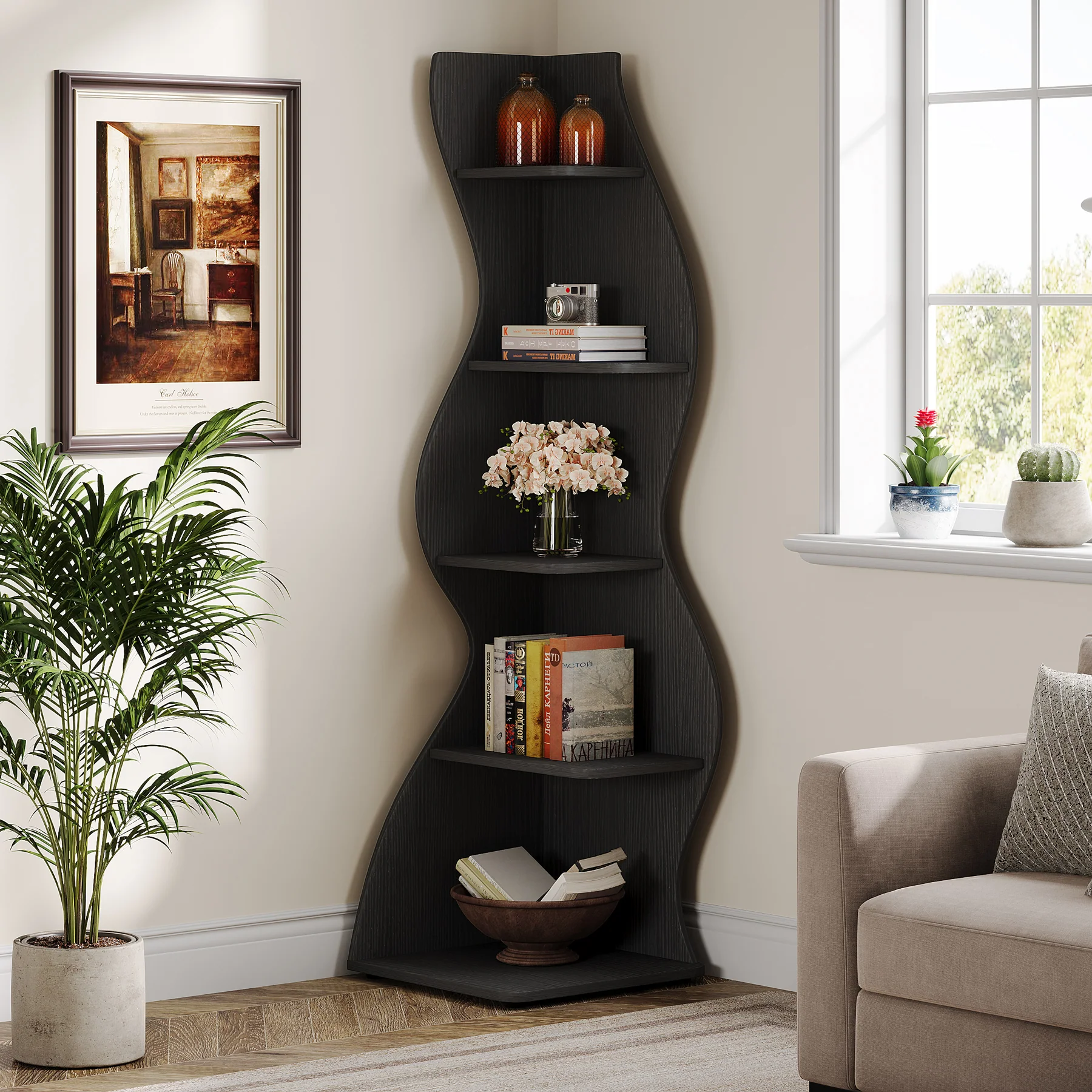 5-Tier Corner Shelf, Wavy Bookshelf Bookcase Display Rack for Home Office - Image 11