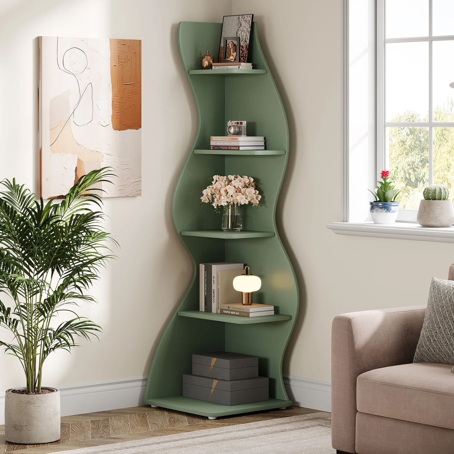 5-Tier Corner Shelf, Wavy Bookshelf Bookcase Display Rack for Home Office - Image 14