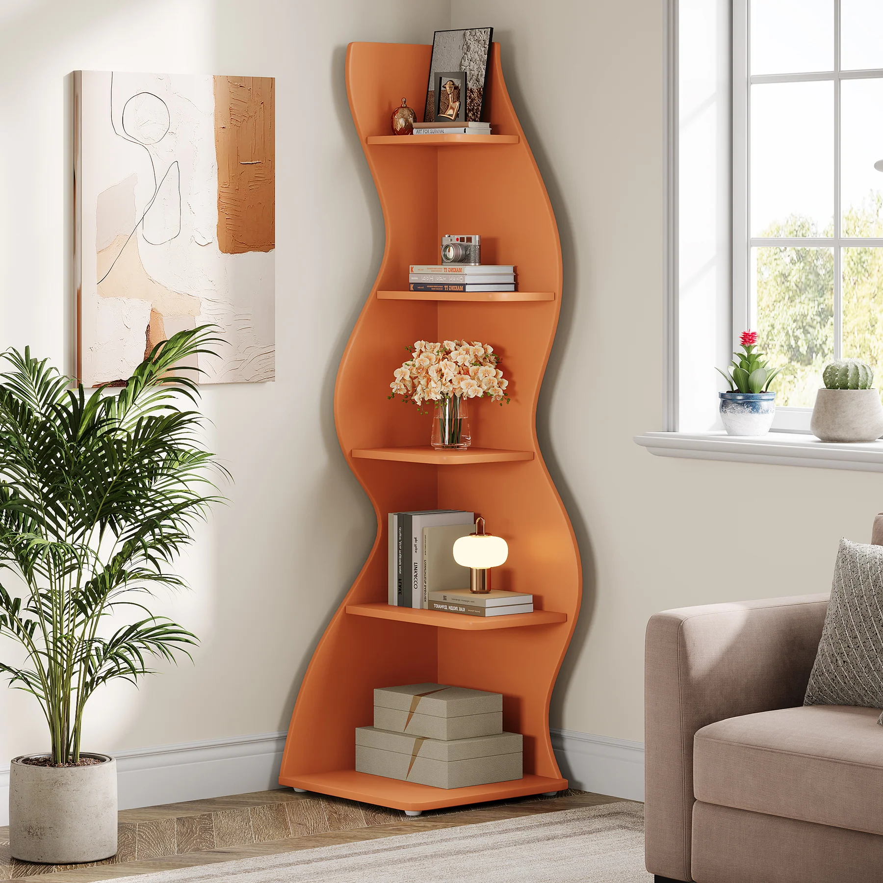 5-Tier Corner Shelf, Wavy Bookshelf Bookcase Display Rack for Home Office - Image 15