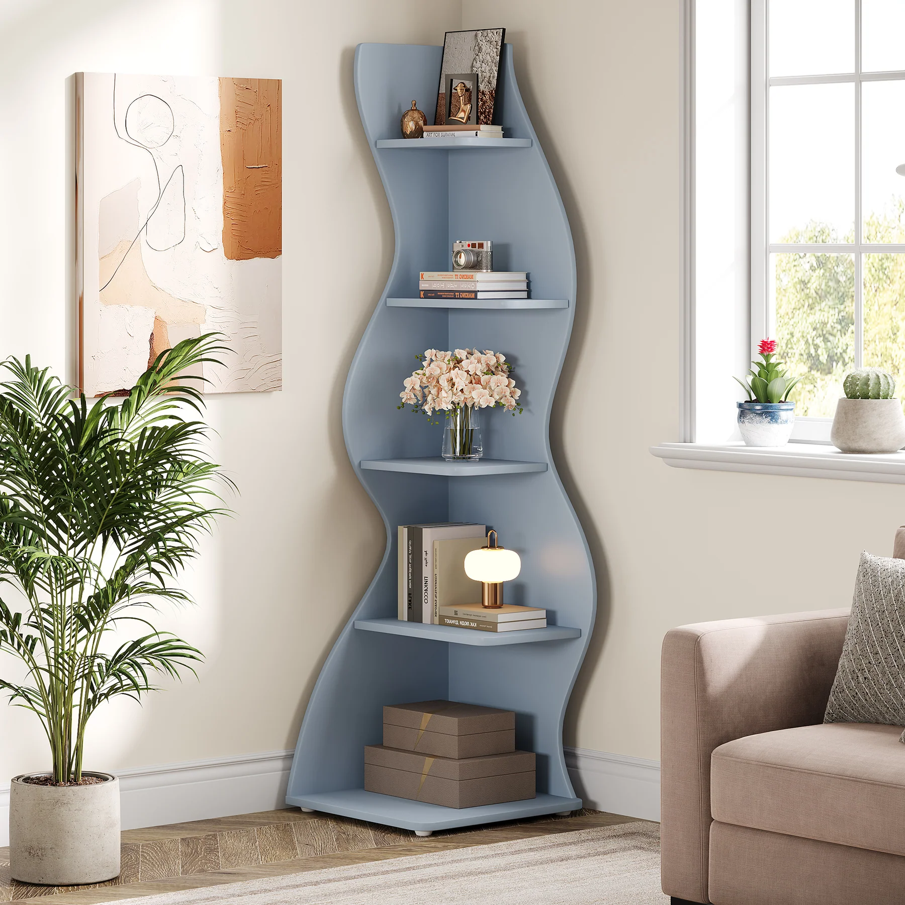 5-Tier Corner Shelf, Wavy Bookshelf Bookcase Display Rack for Home Office - Image 18