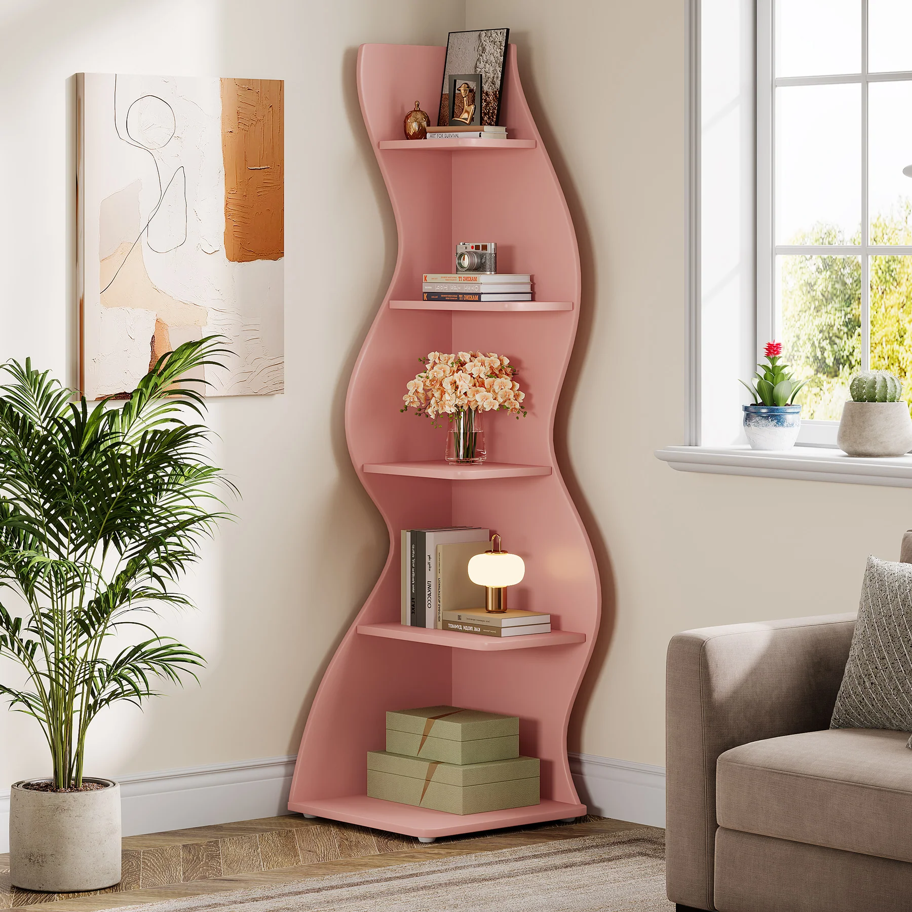 5-Tier Corner Shelf, Wavy Bookshelf Bookcase Display Rack for Home Office - Image 20