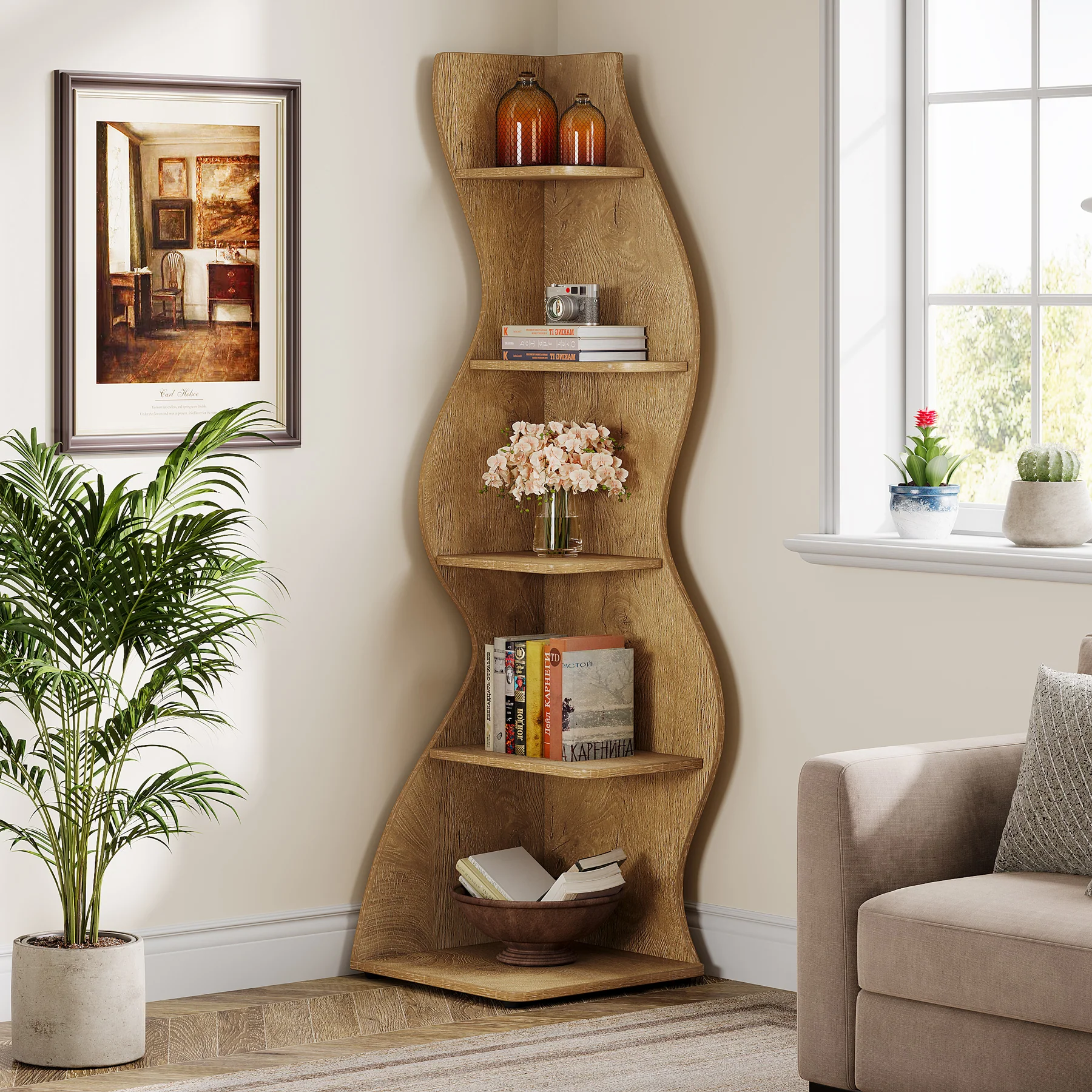 5-Tier Corner Shelf, Wavy Bookshelf Bookcase Display Rack for Home Office - Image 22