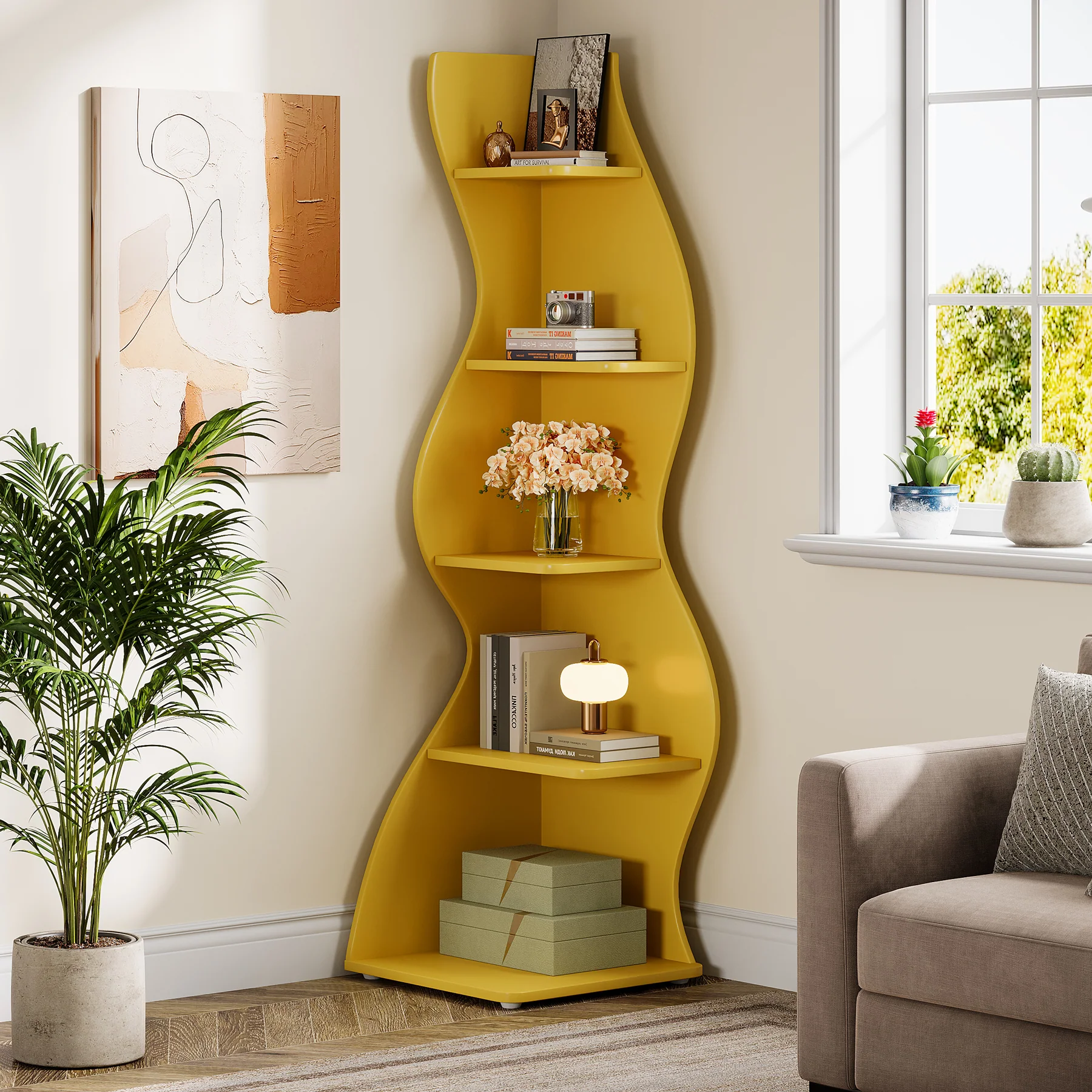 5-Tier Corner Shelf, Wavy Bookshelf Bookcase Display Rack for Home Office - Image 24