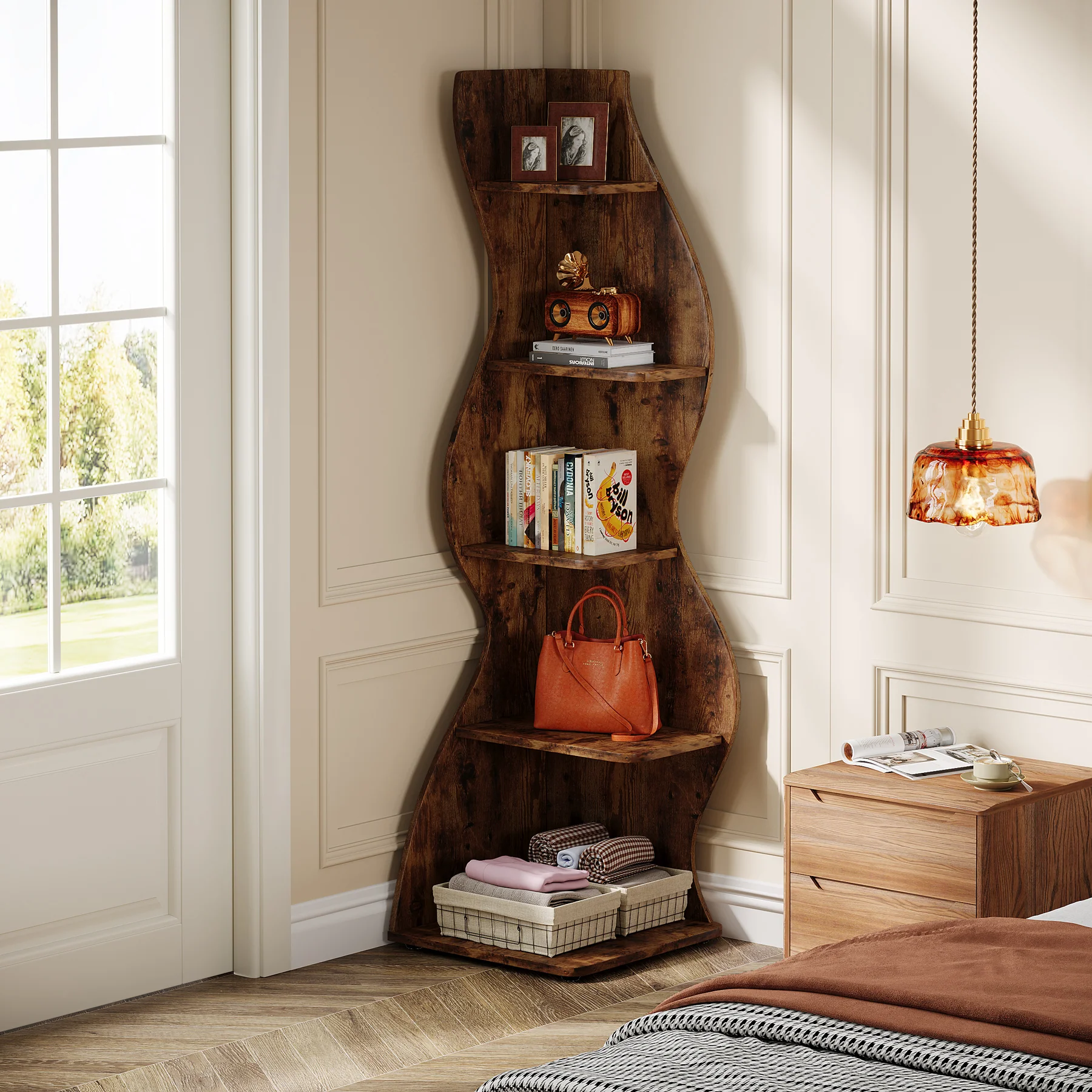 5-Tier Corner Shelf, Wavy Bookshelf Bookcase Display Rack for Home Office - Image 5