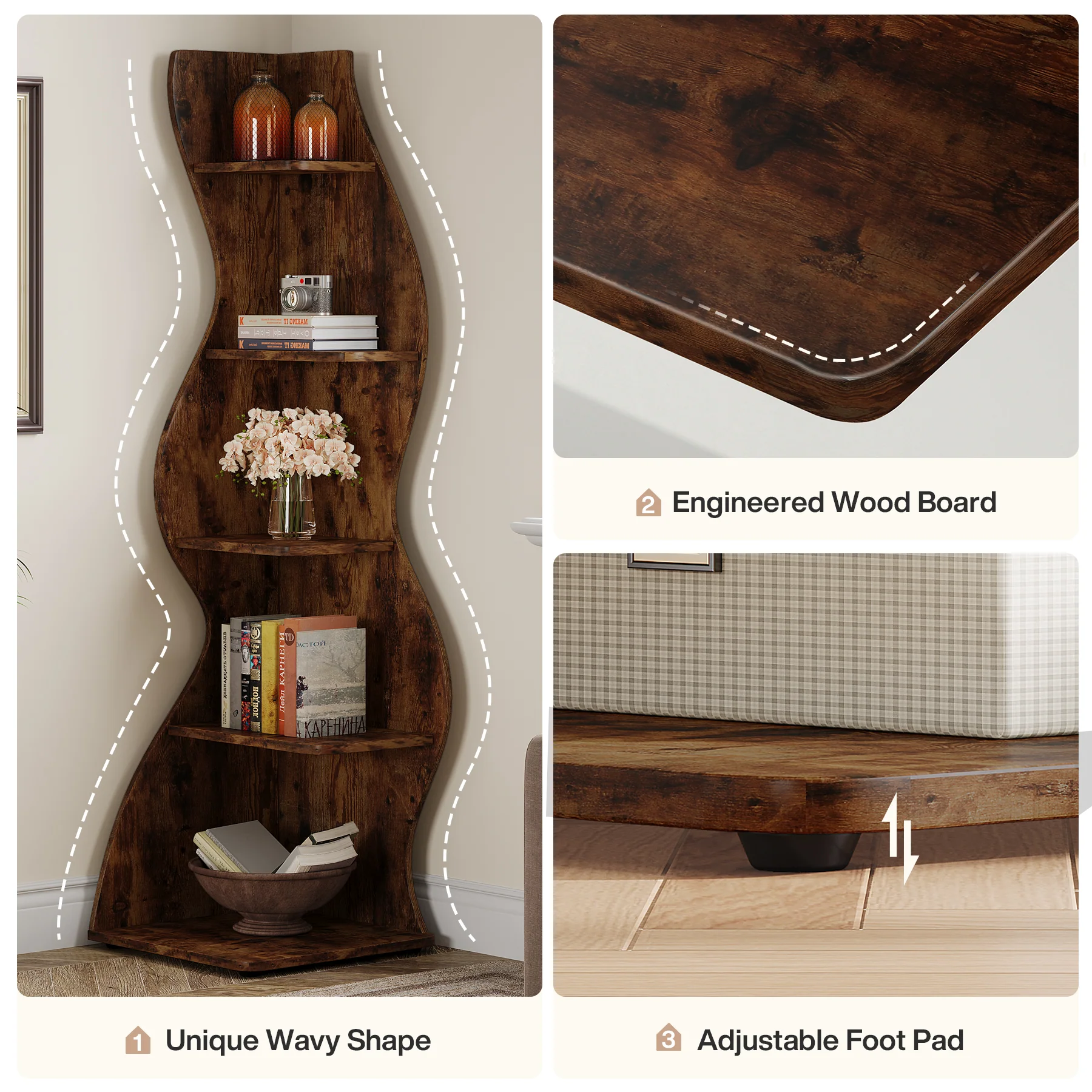 5-Tier Corner Shelf, Wavy Bookshelf Bookcase Display Rack for Home Office - Image 6