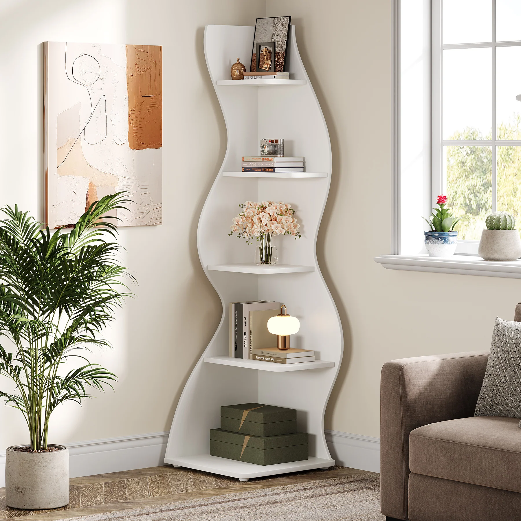 5-Tier Corner Shelf, Wavy Bookshelf Bookcase Display Rack for Home Office - Image 8