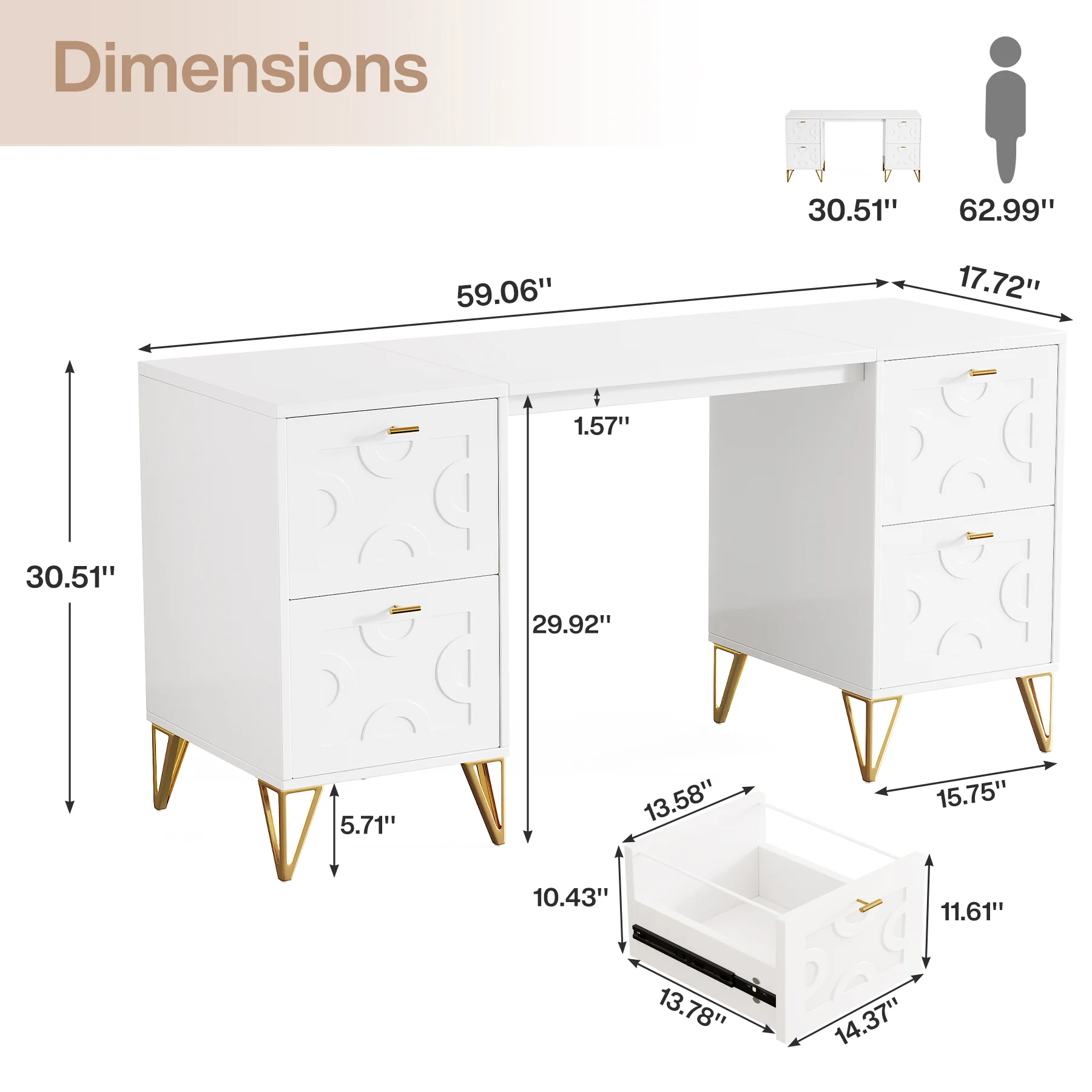 59" Computer Desk with File Drawers, Wood Executive Desk for Home Office - Image 2