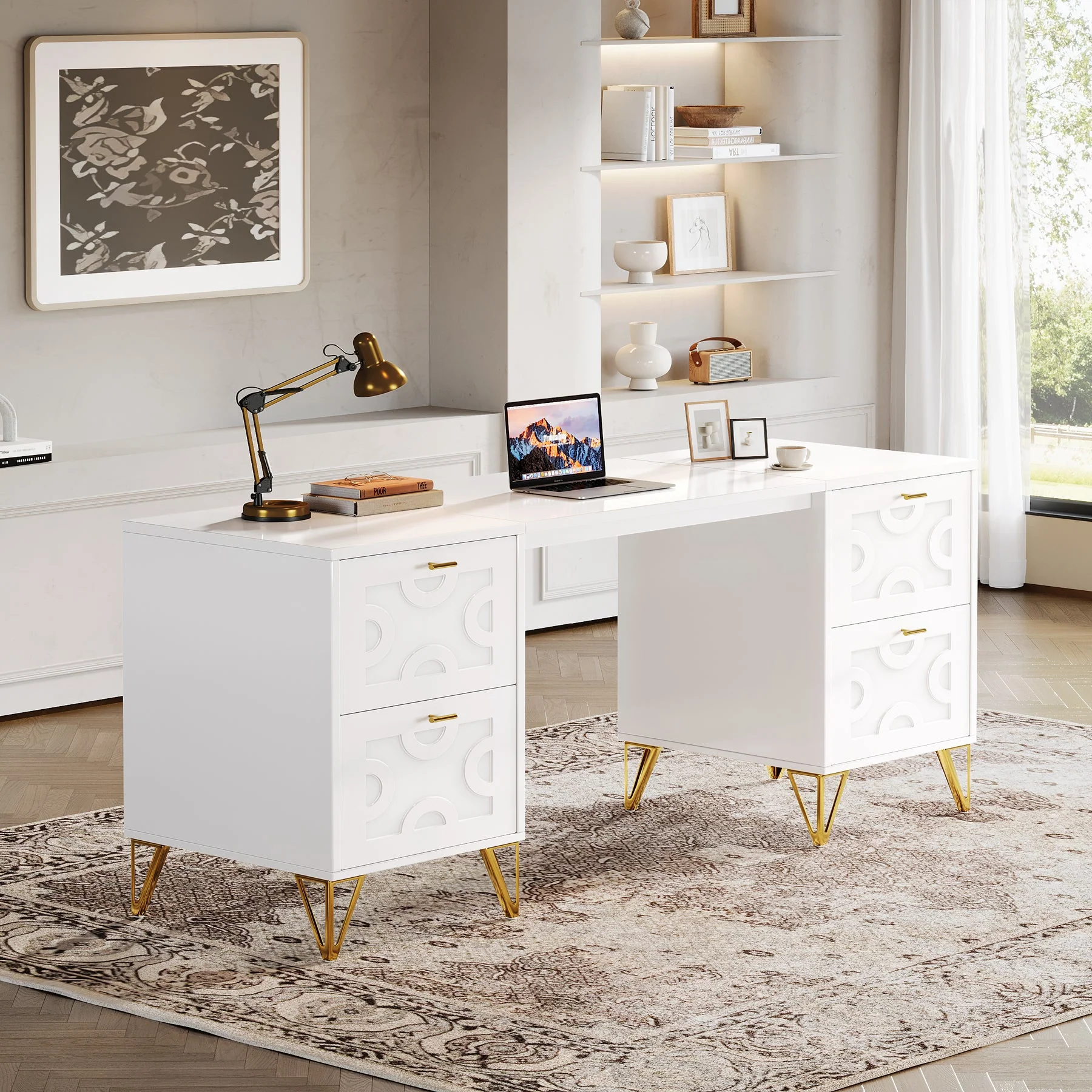 59" Computer Desk with File Drawers, Wood Executive Desk for Home Office - Image 3