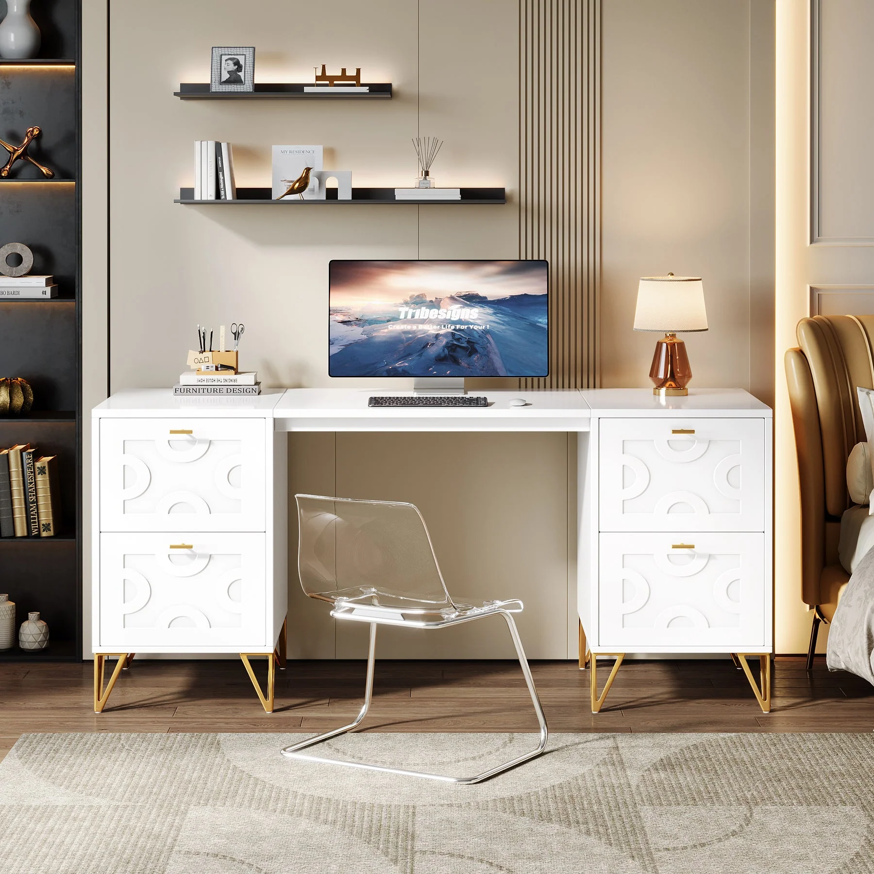 59" Computer Desk with File Drawers, Wood Executive Desk for Home Office - Image 4