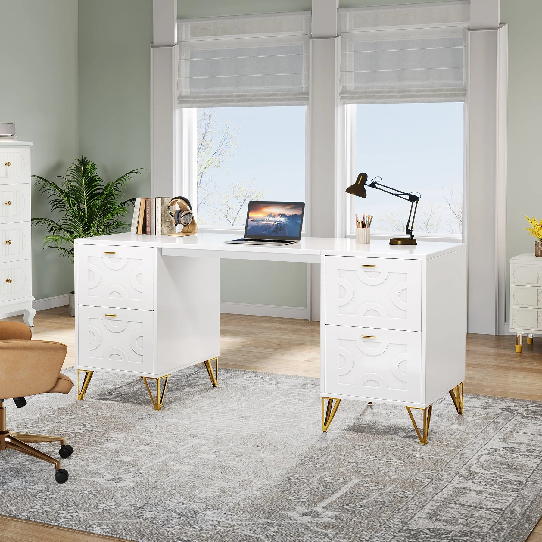 59" Computer Desk with File Drawers, Wood Executive Desk for Home Office - Image 5