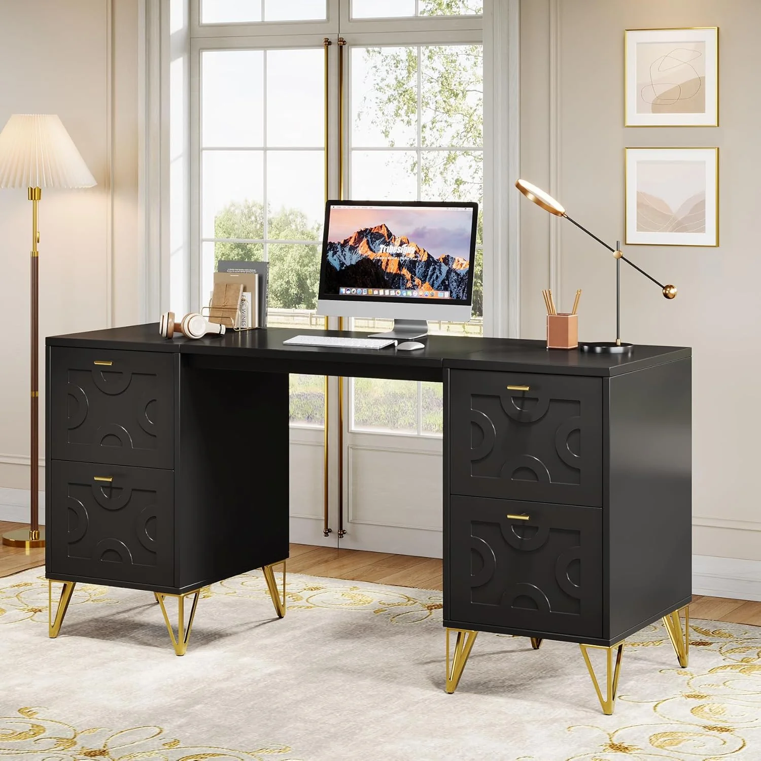 59" Computer Desk with File Drawers, Wood Executive Desk for Home Office - Image 7