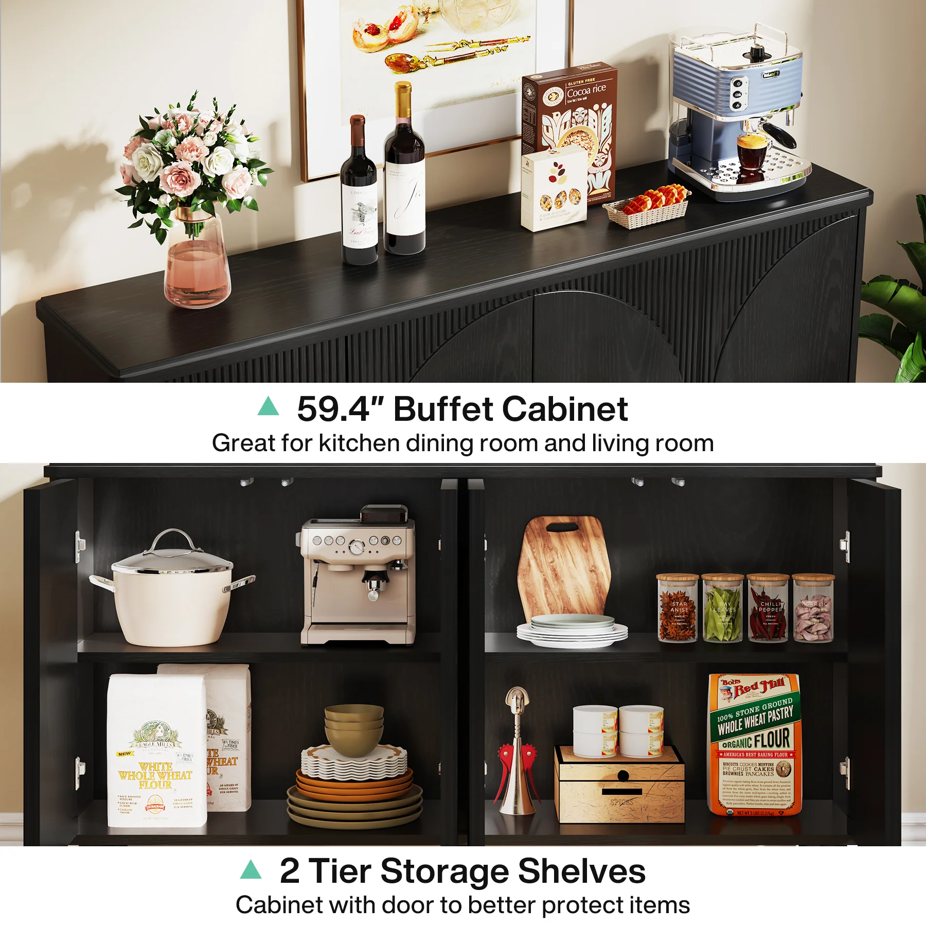 59.4" Sideboard Buffet, Modern Credenza Storage Cabinet with Doors for Kitchen - Image 6