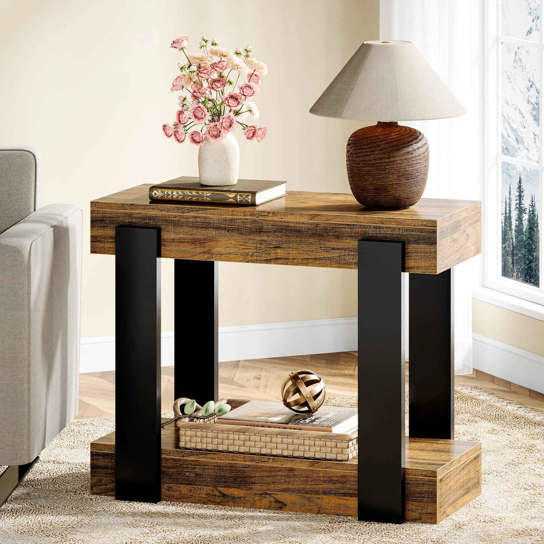 2-Tier End Table, Farmhouse Side Table with Storage Shelf for Living Room