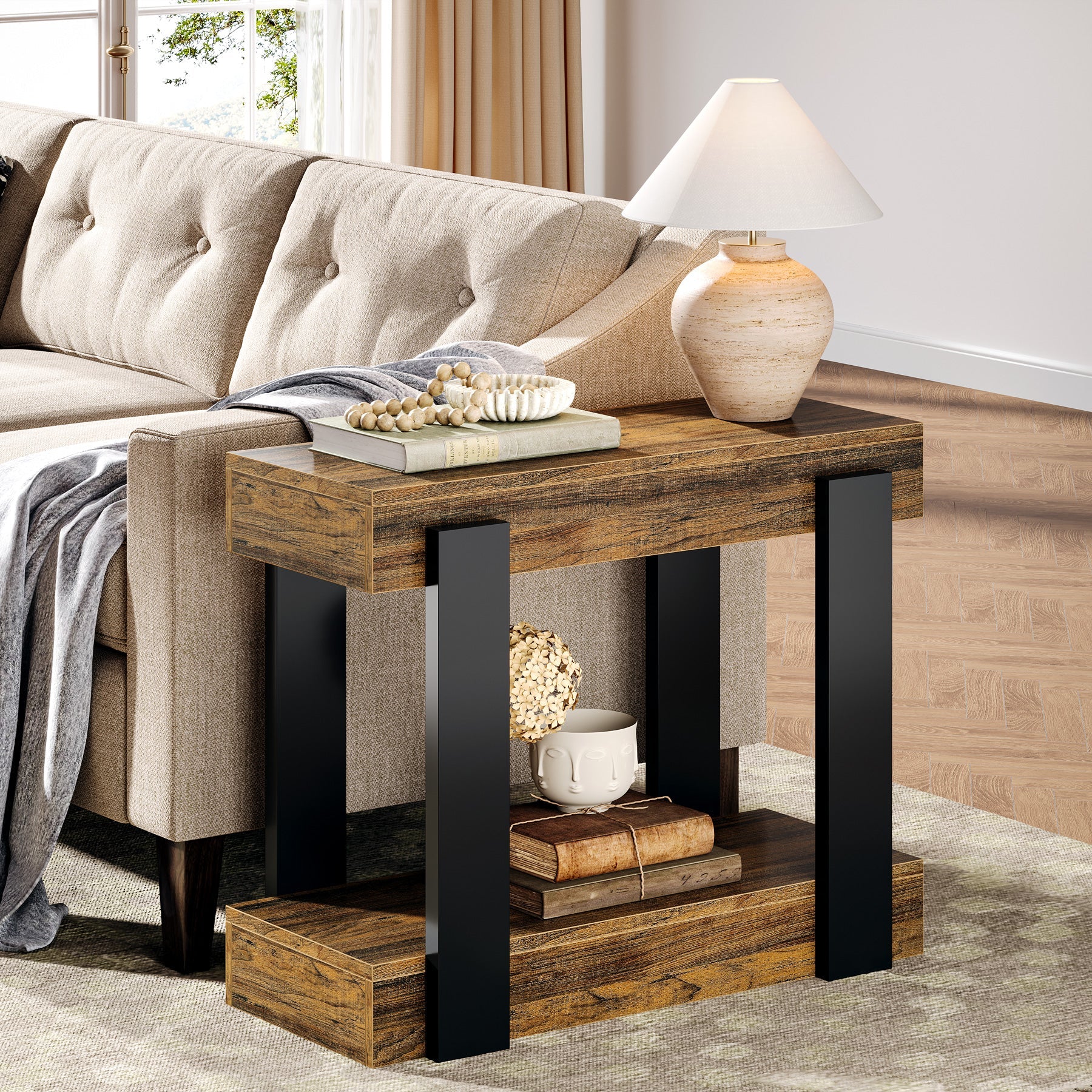 2-Tier End Table, Farmhouse Side Table with Storage Shelf for Living Room - Image 3