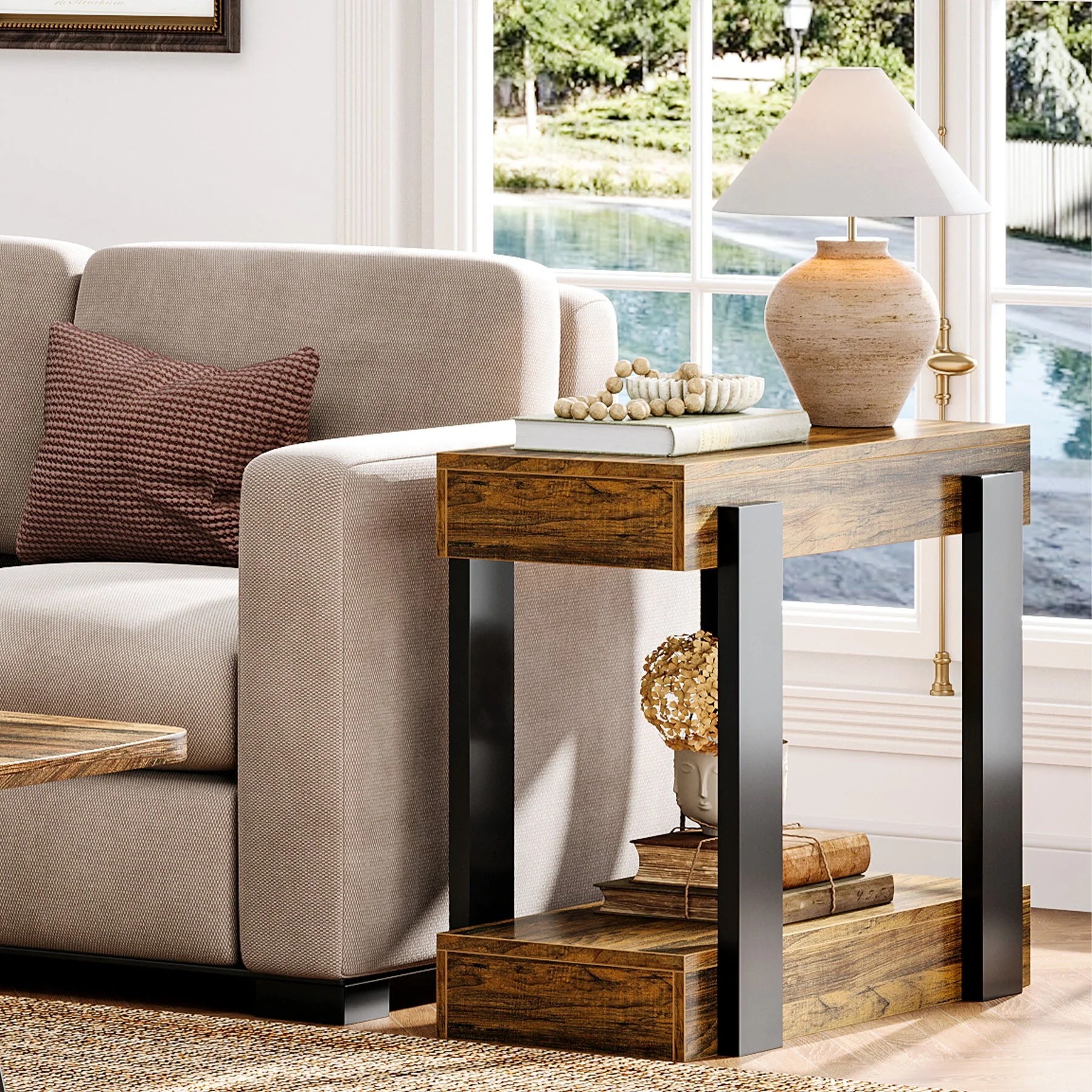 2-Tier End Table, Farmhouse Side Table with Storage Shelf for Living Room - Image 4