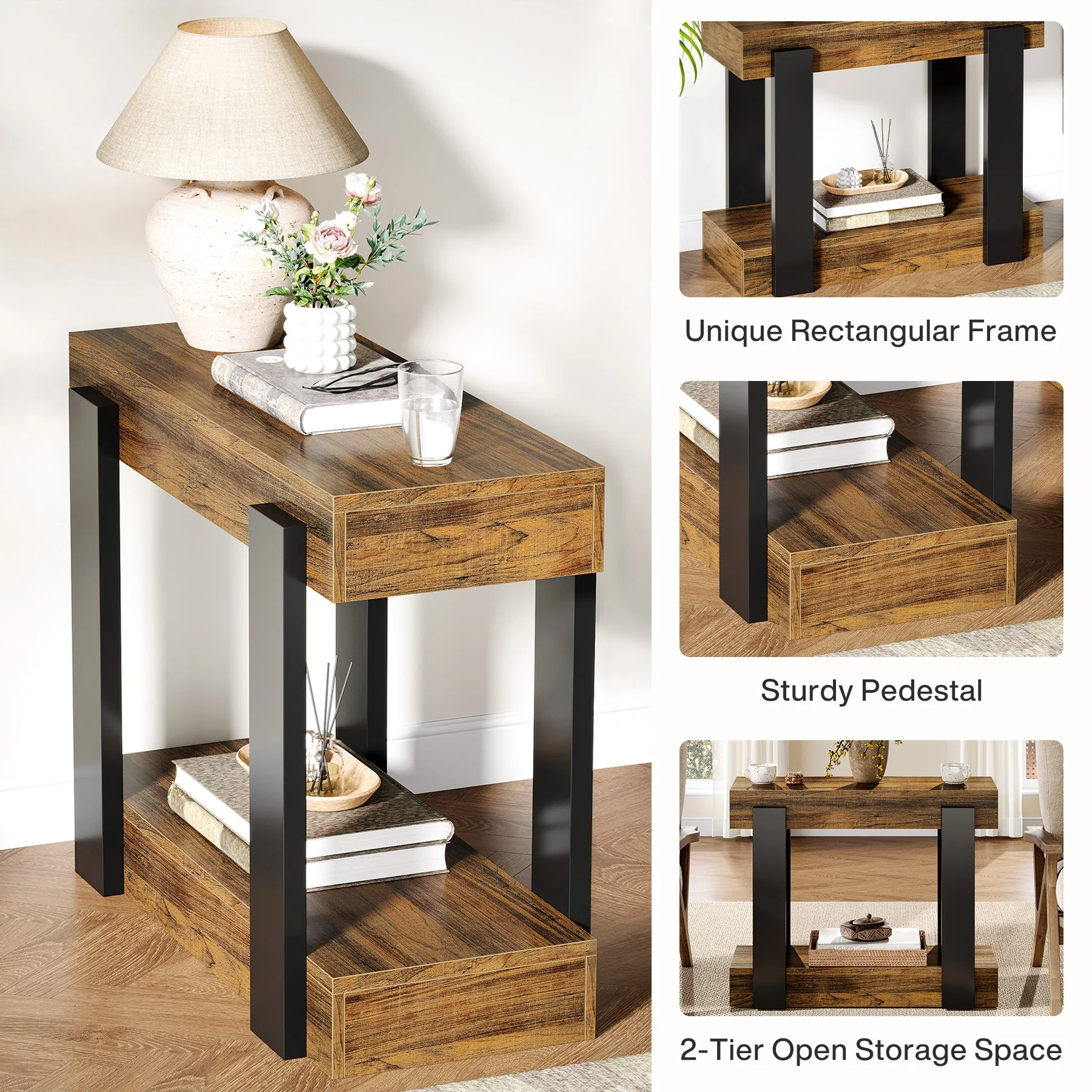 2-Tier End Table, Farmhouse Side Table with Storage Shelf for Living Room - Image 7