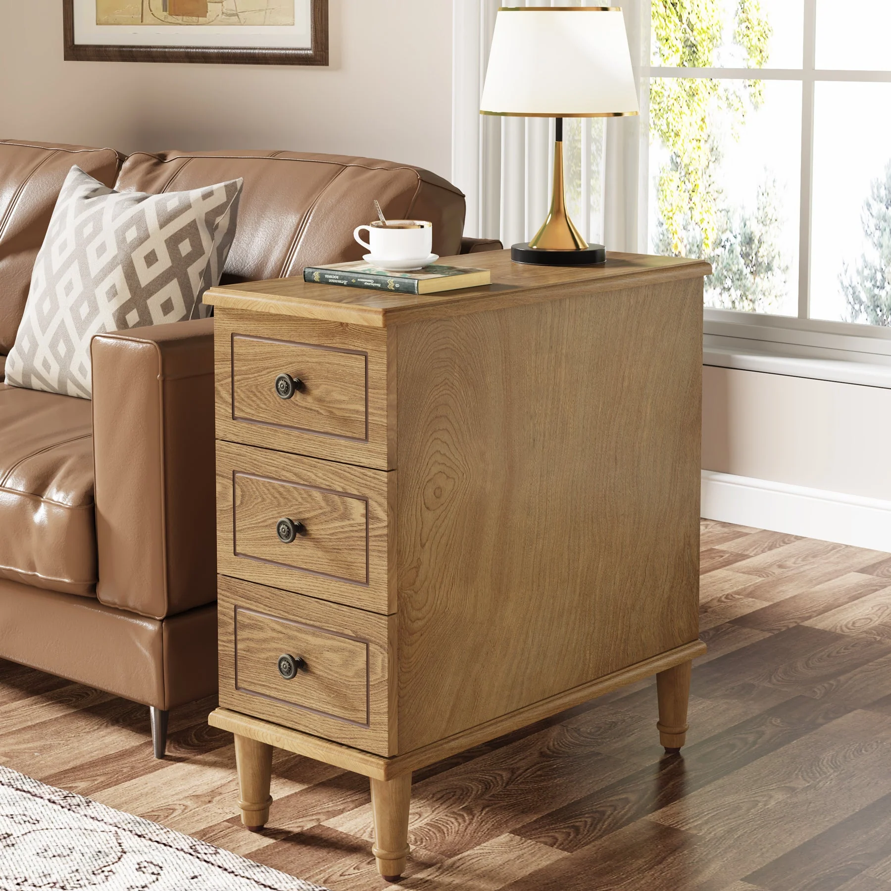 Wood Nightstand, Fully Assembled Narrow Side Table with 3 Drawers - Image 10