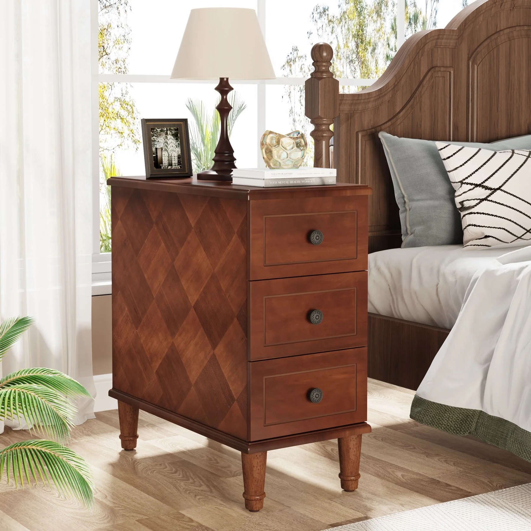 Wood Nightstand, Fully Assembled Narrow Side Table with 3 Drawers - Image 3