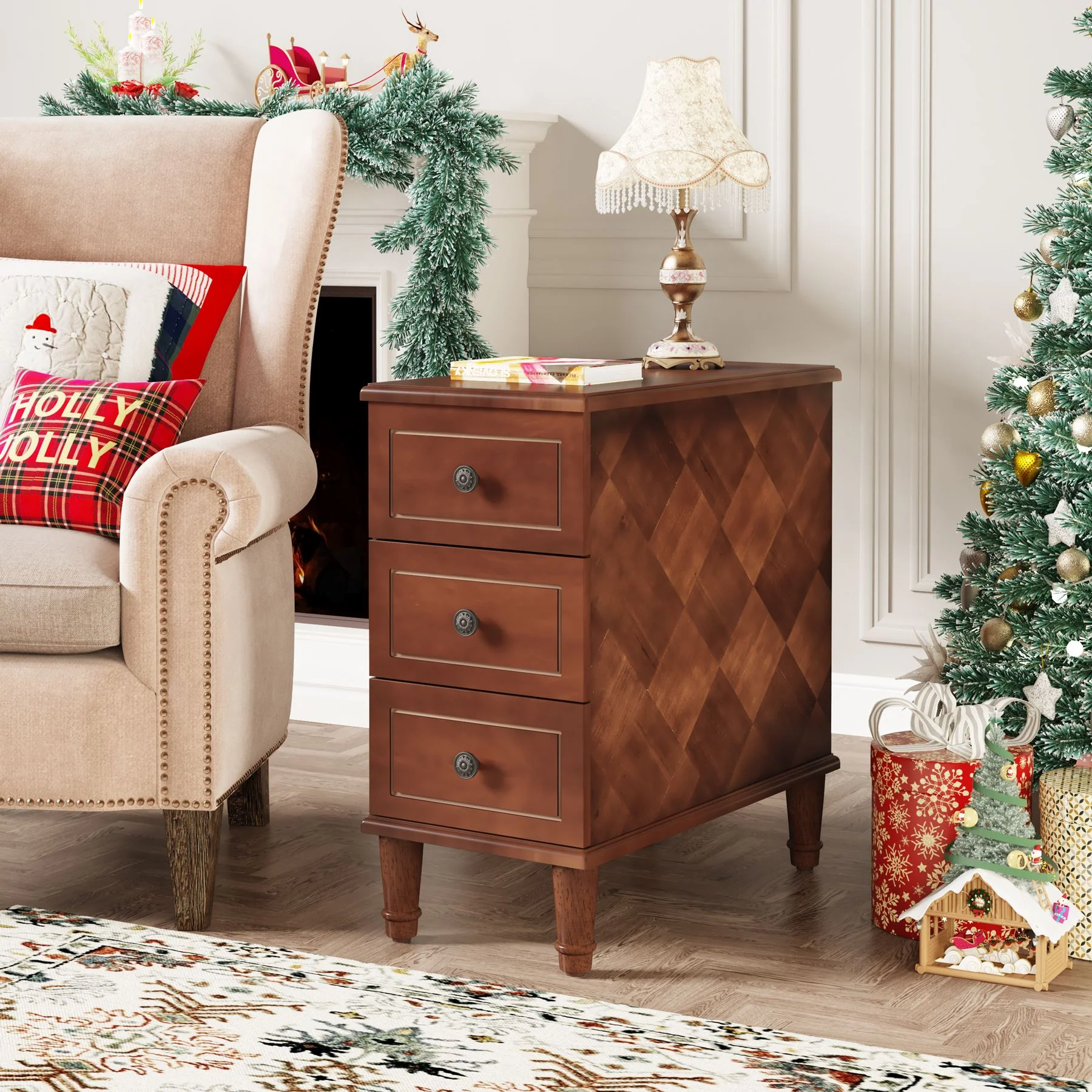 Wood Nightstand, Fully Assembled Narrow Side Table with 3 Drawers - Image 4