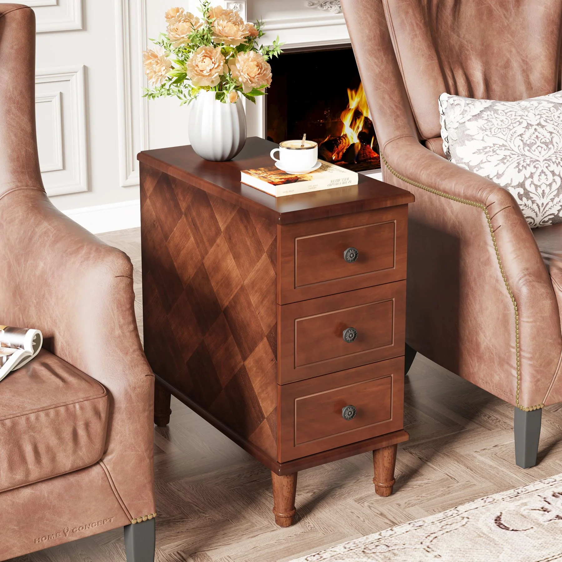 Wood Nightstand, Fully Assembled Narrow Side Table with 3 Drawers - Image 5