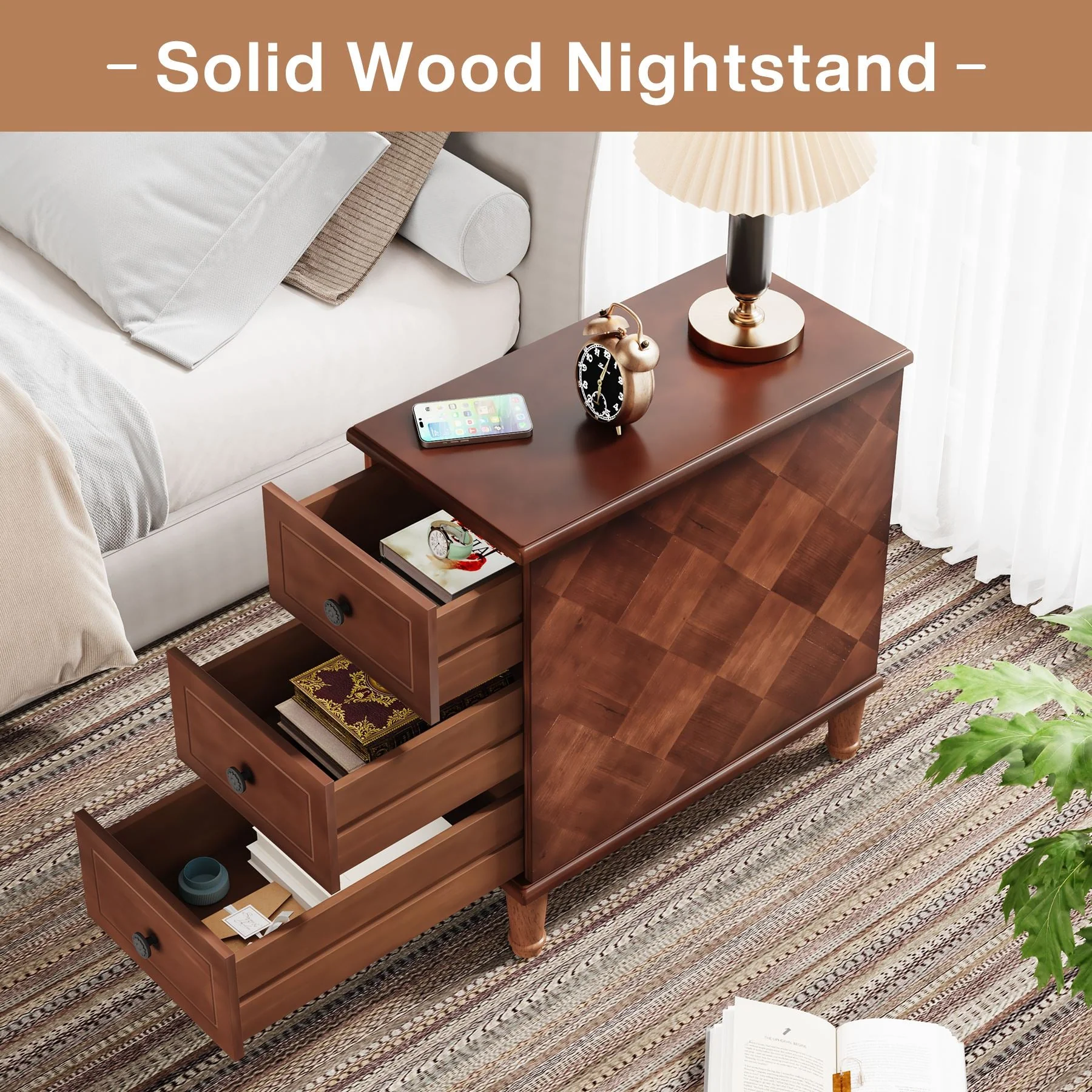 Wood Nightstand, Fully Assembled Narrow Side Table with 3 Drawers - Image 6
