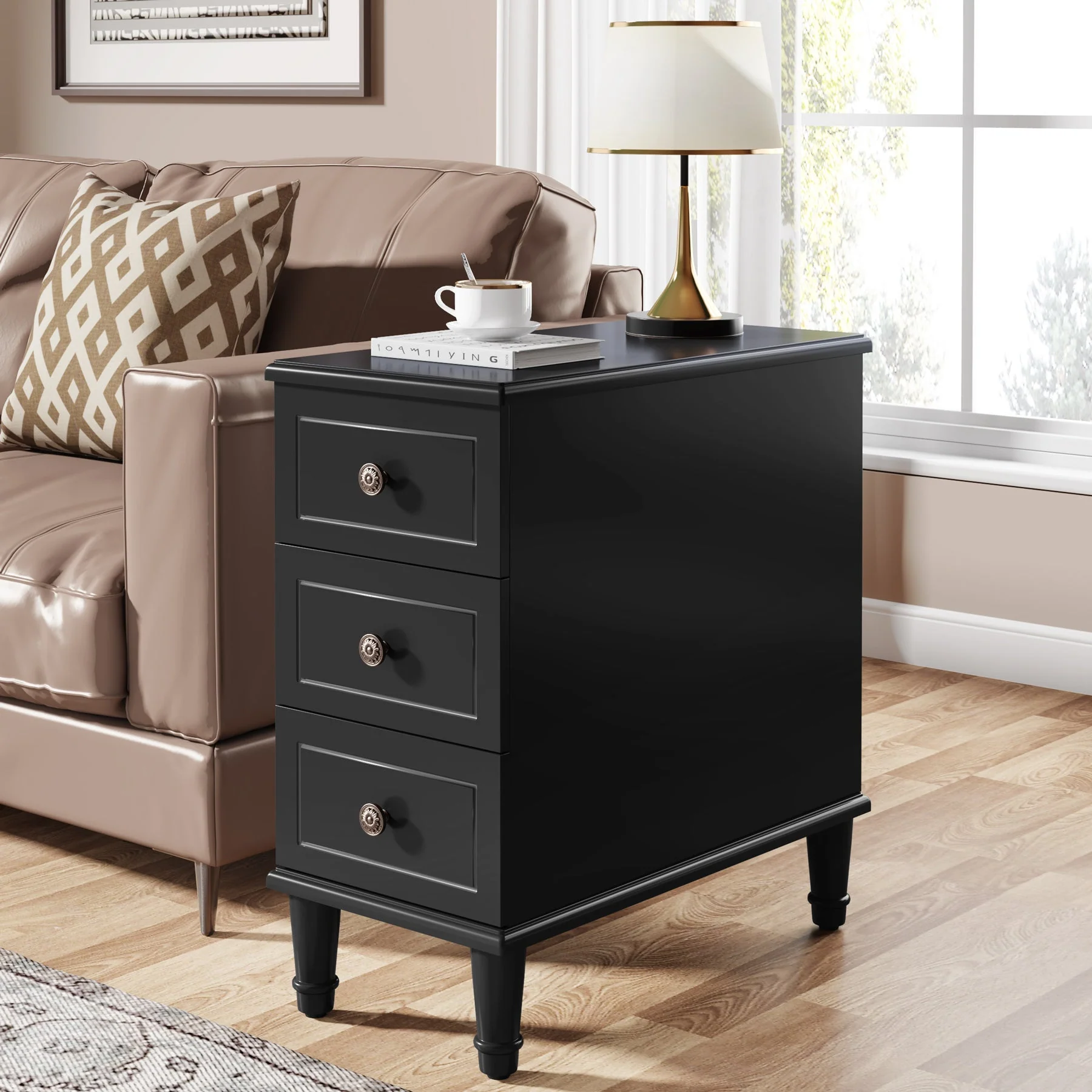 Wood Nightstand, Fully Assembled Narrow Side Table with 3 Drawers - Image 7