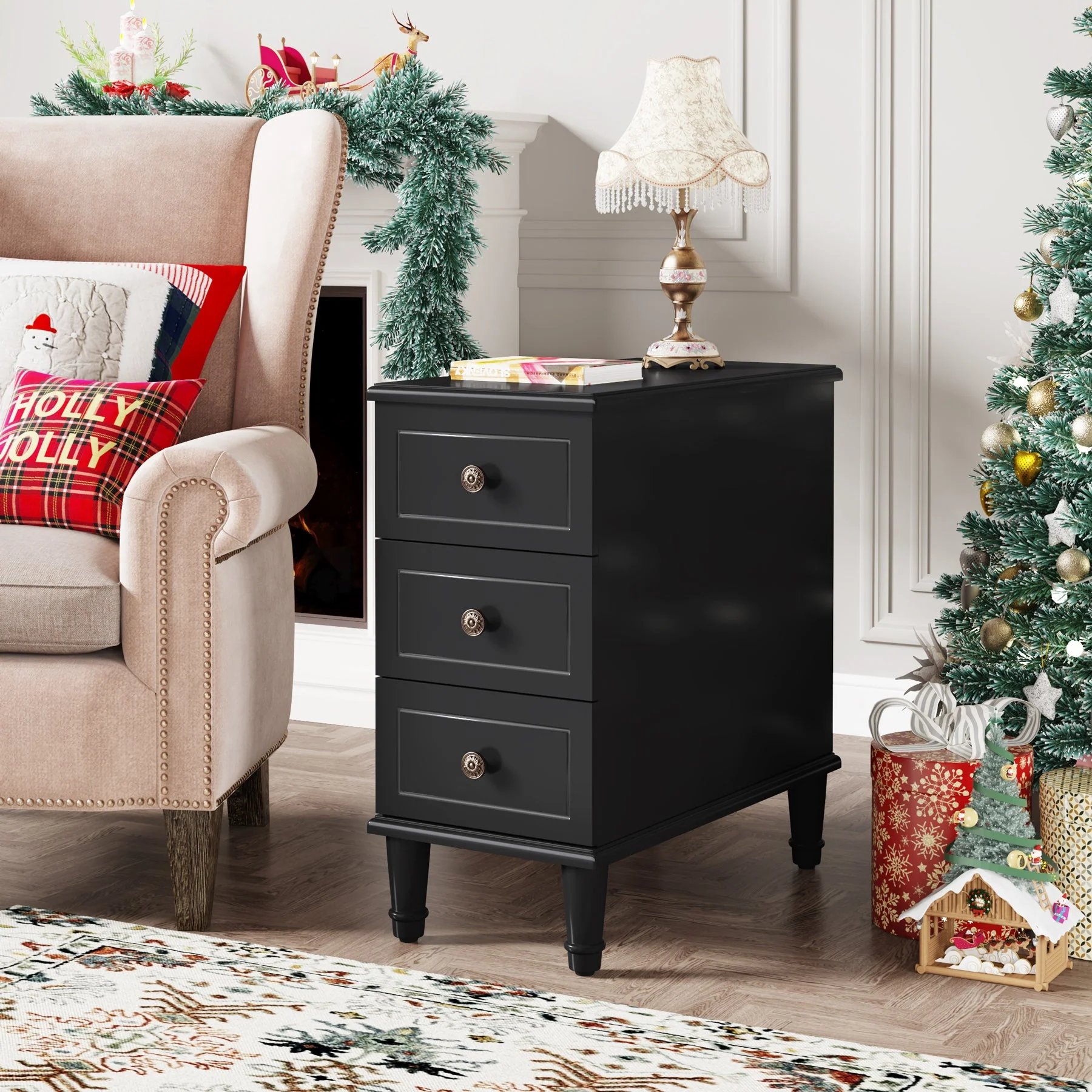 Wood Nightstand, Fully Assembled Narrow Side Table with 3 Drawers - Image 9