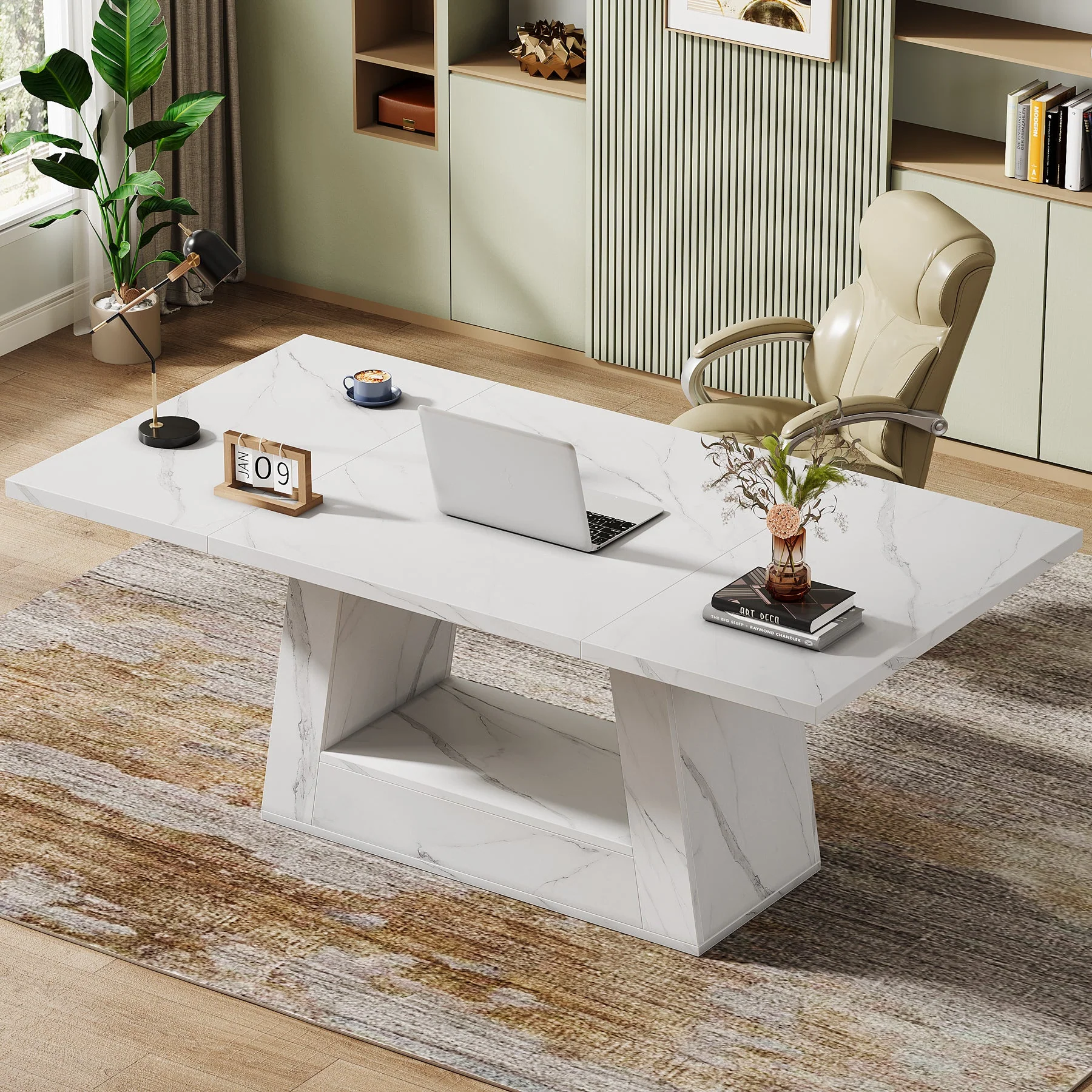 63" Wood Computer Desk, Faux Marble Executive Desk Office Desk - Image 3