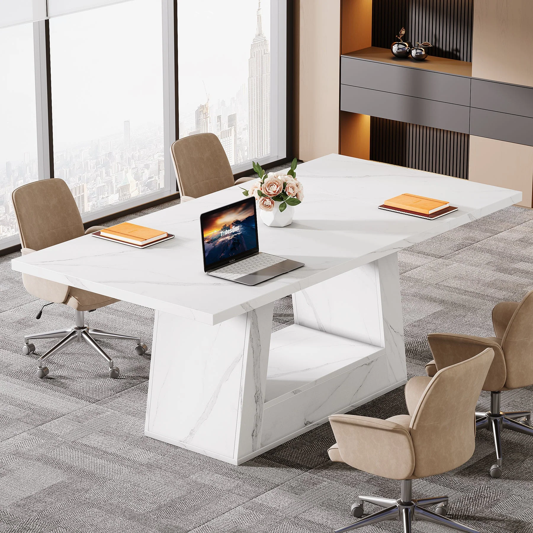 63" Wood Computer Desk, Faux Marble Executive Desk Office Desk - Image 4