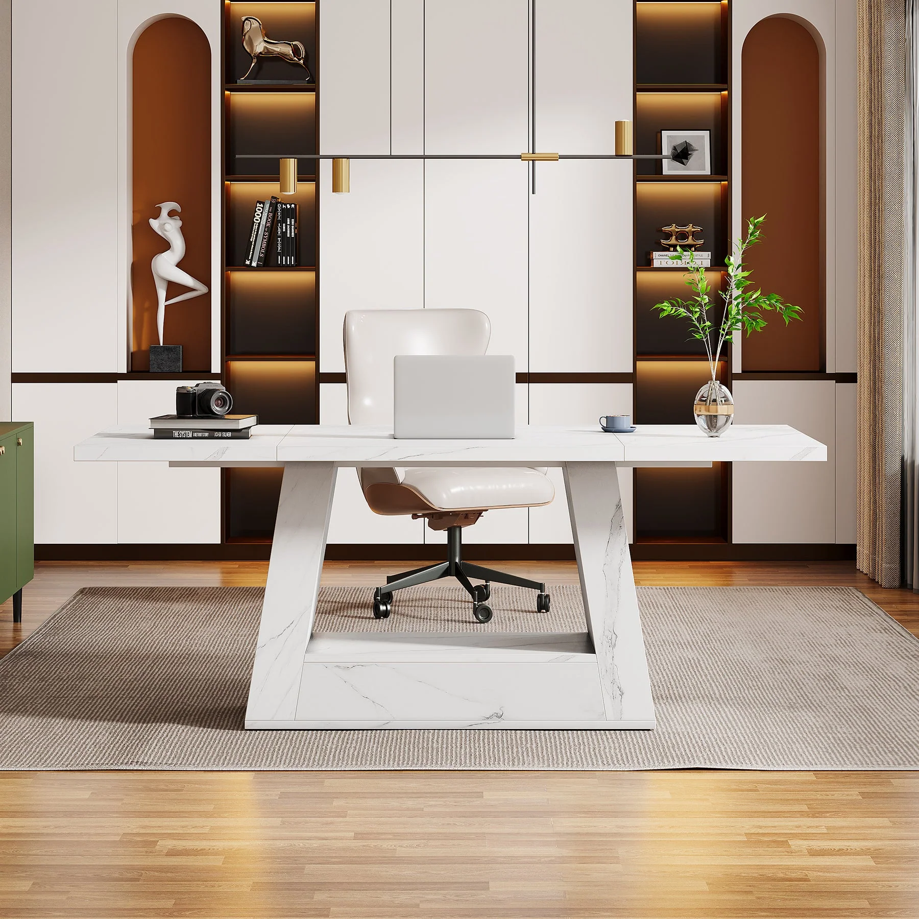 63" Wood Computer Desk, Faux Marble Executive Desk Office Desk - Image 5