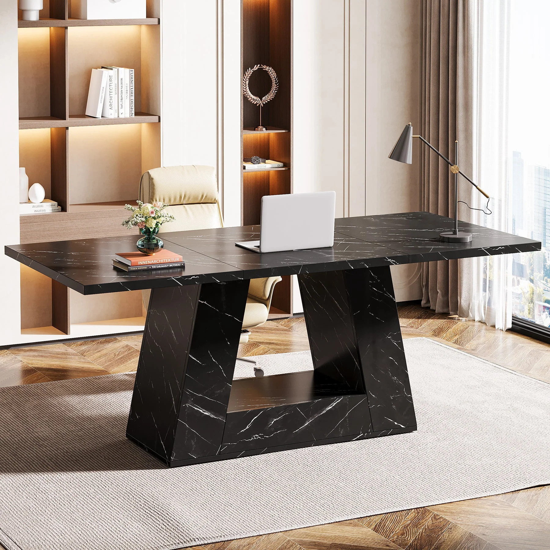 63" Wood Computer Desk, Faux Marble Executive Desk Office Desk - Image 7