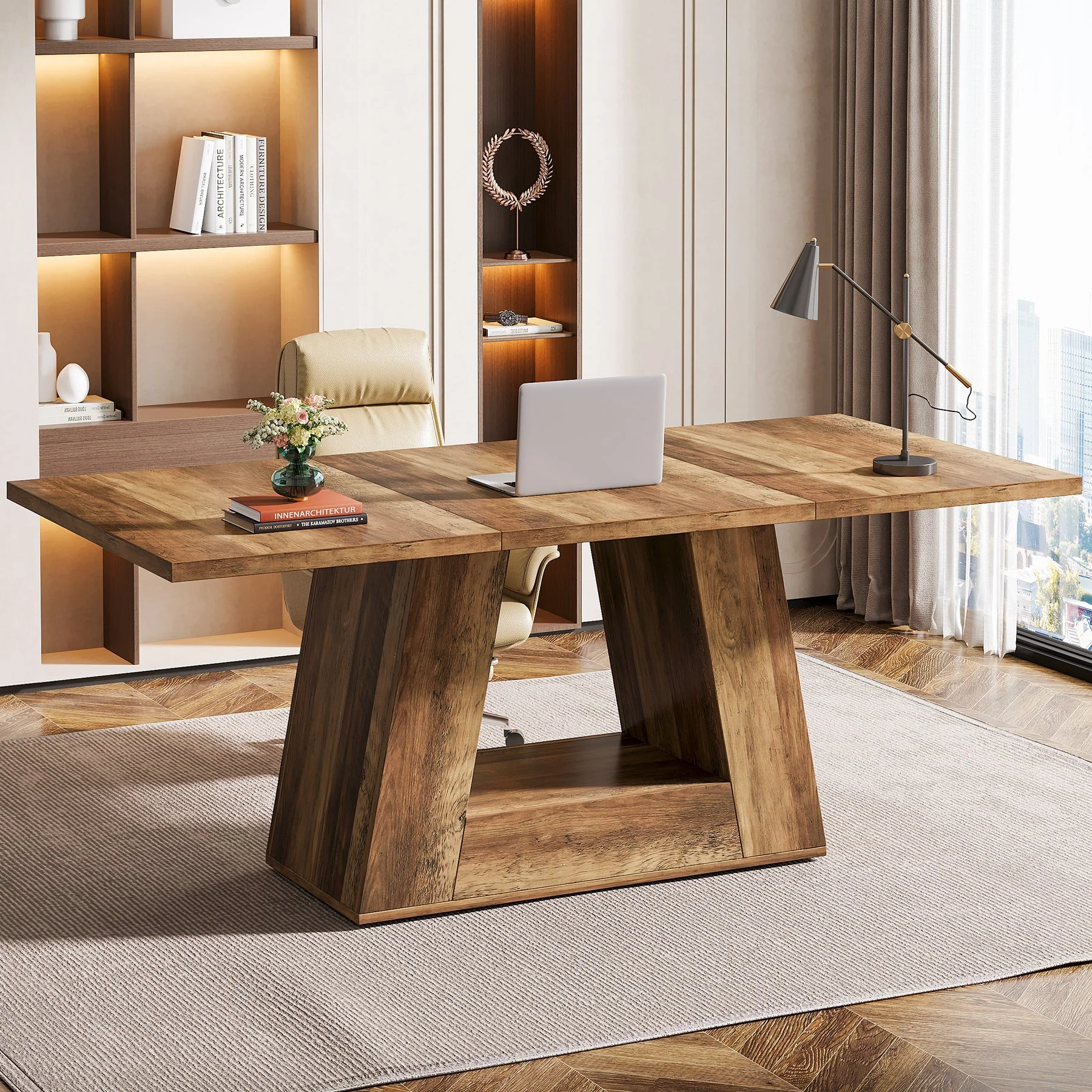63" Wood Computer Desk, Faux Marble Executive Desk Office Desk - Image 9