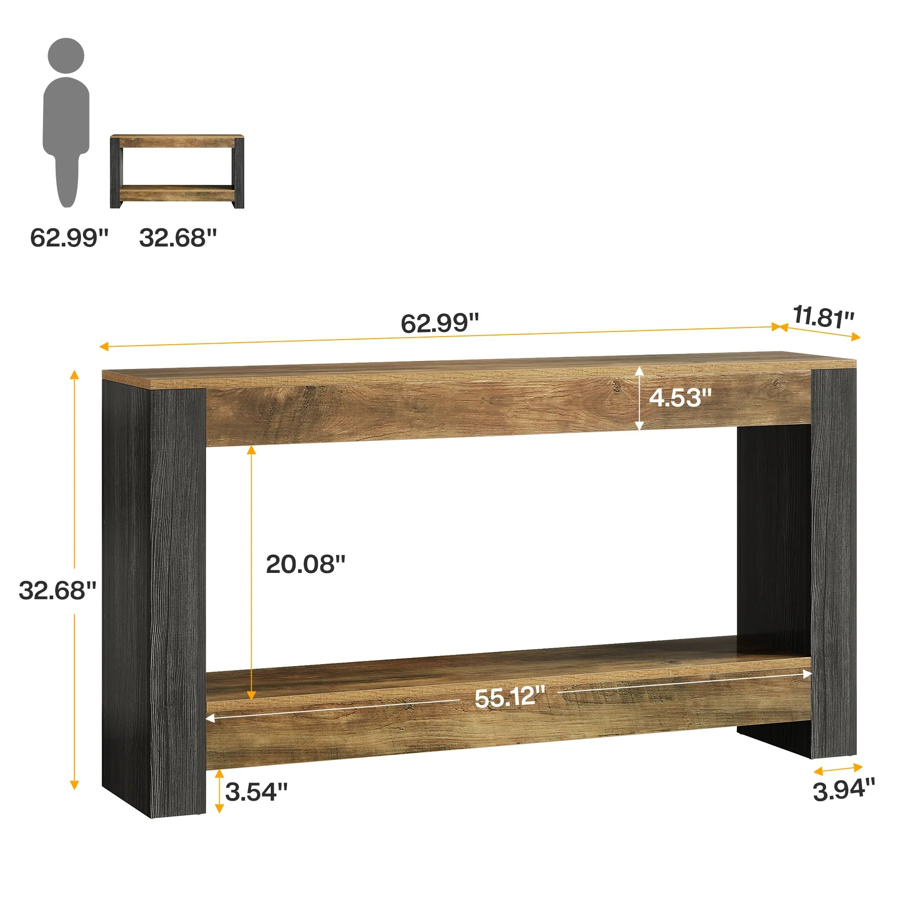 63" Console Table, Farmhouse Wood Sofa Table Behind Couch - Image 2