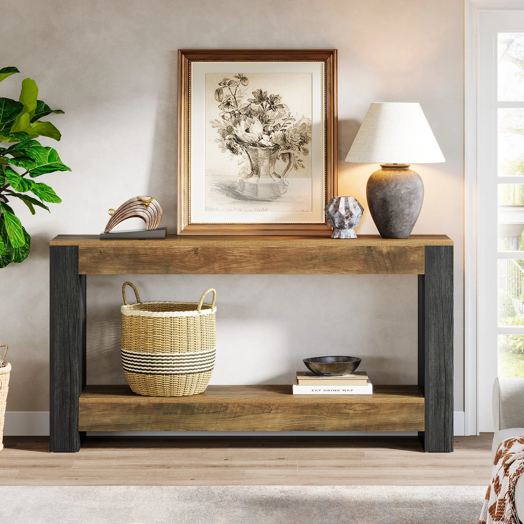 63" Console Table, Farmhouse Wood Sofa Table Behind Couch - Image 3