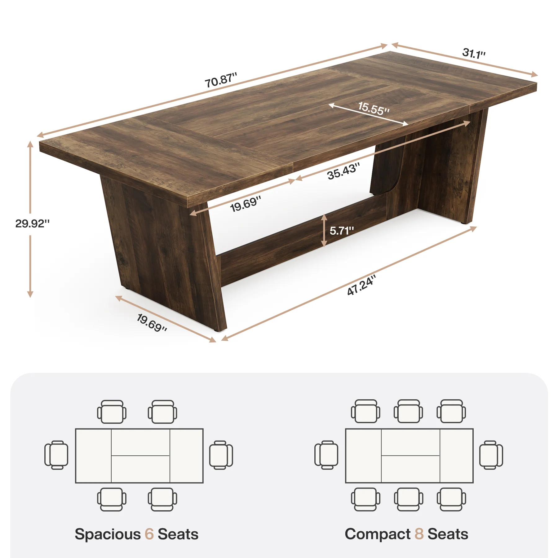 70.8-Inch Dining Table, Wood Farmhouse Kitchen Table for 4-6 - Image 2