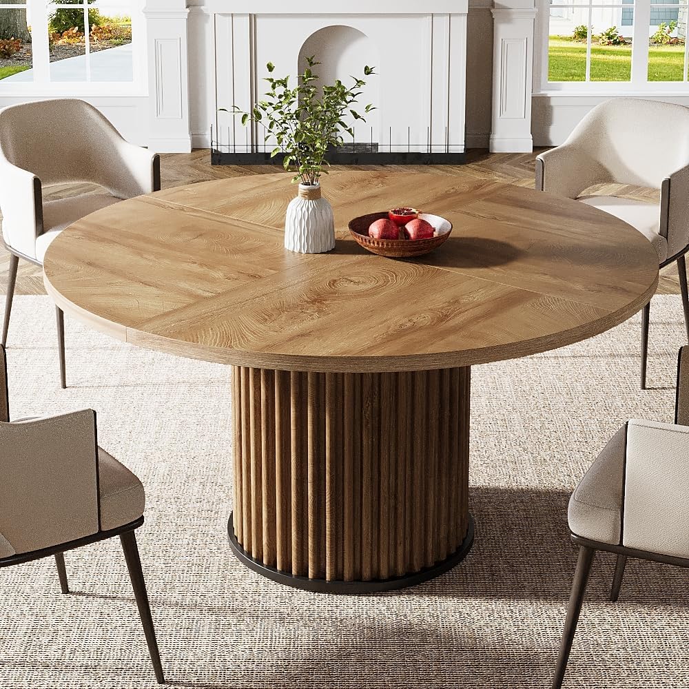 47" Round Dining Table, Wood Kitchen Table With Sturdy Fluted Metal Base - Image 11