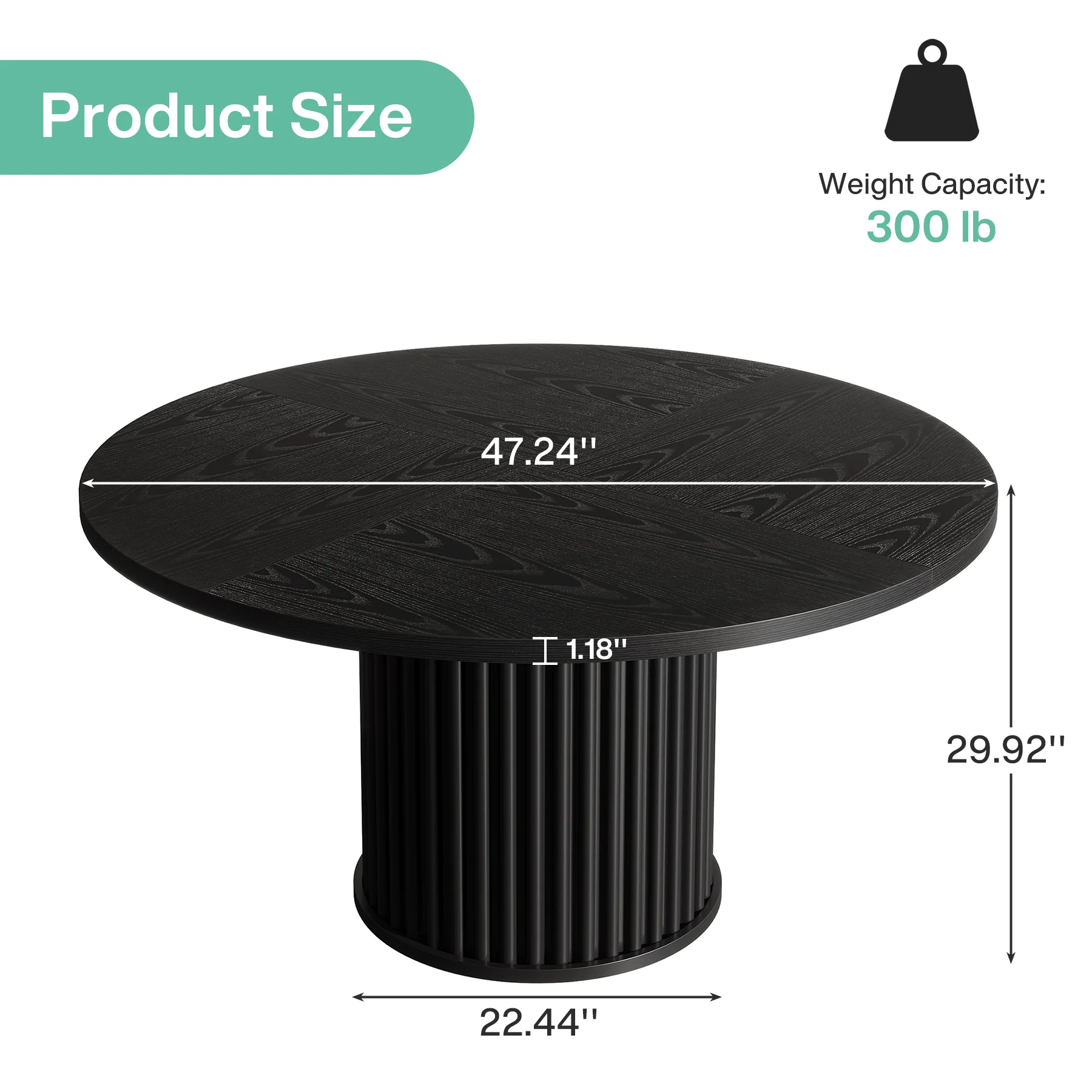 47" Round Dining Table, Wood Kitchen Table With Sturdy Fluted Metal Base - Image 2