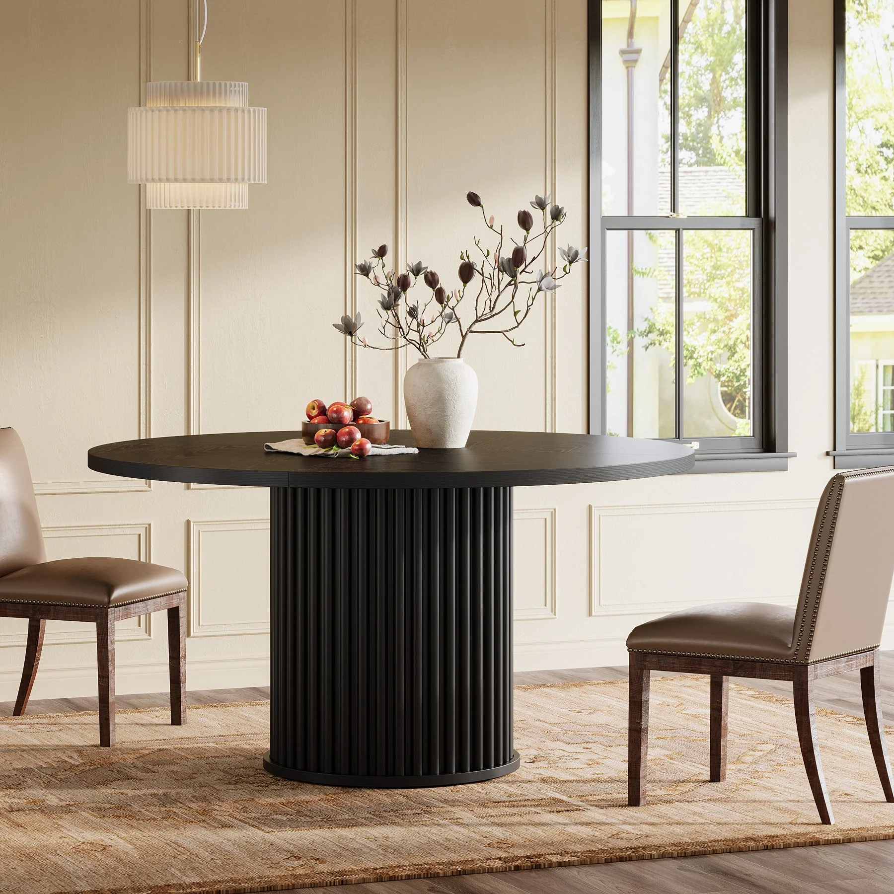 47" Round Dining Table, Wood Kitchen Table With Sturdy Fluted Metal Base - Image 3