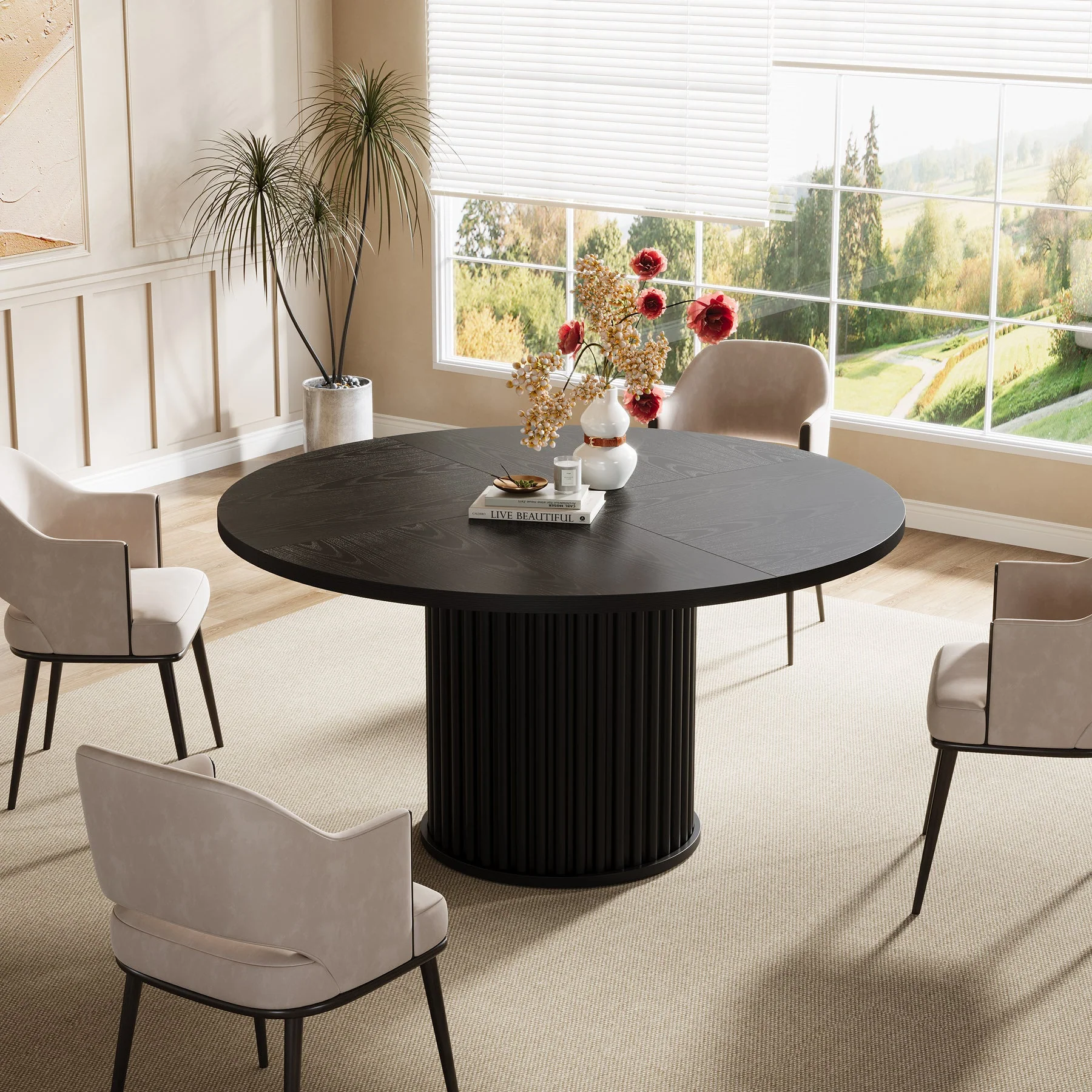 47" Round Dining Table, Wood Kitchen Table With Sturdy Fluted Metal Base - Image 4