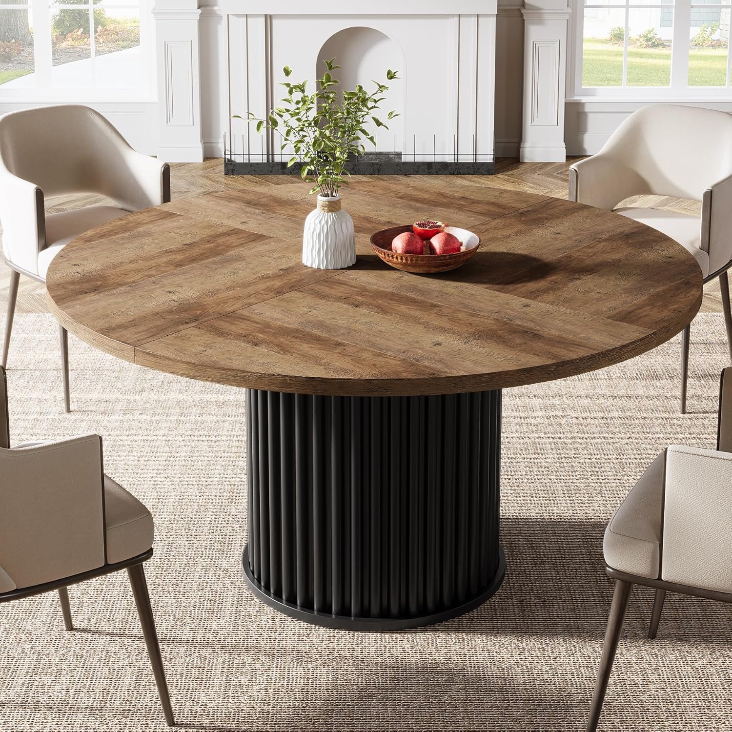 47" Round Dining Table, Wood Kitchen Table With Sturdy Fluted Metal Base - Image 7