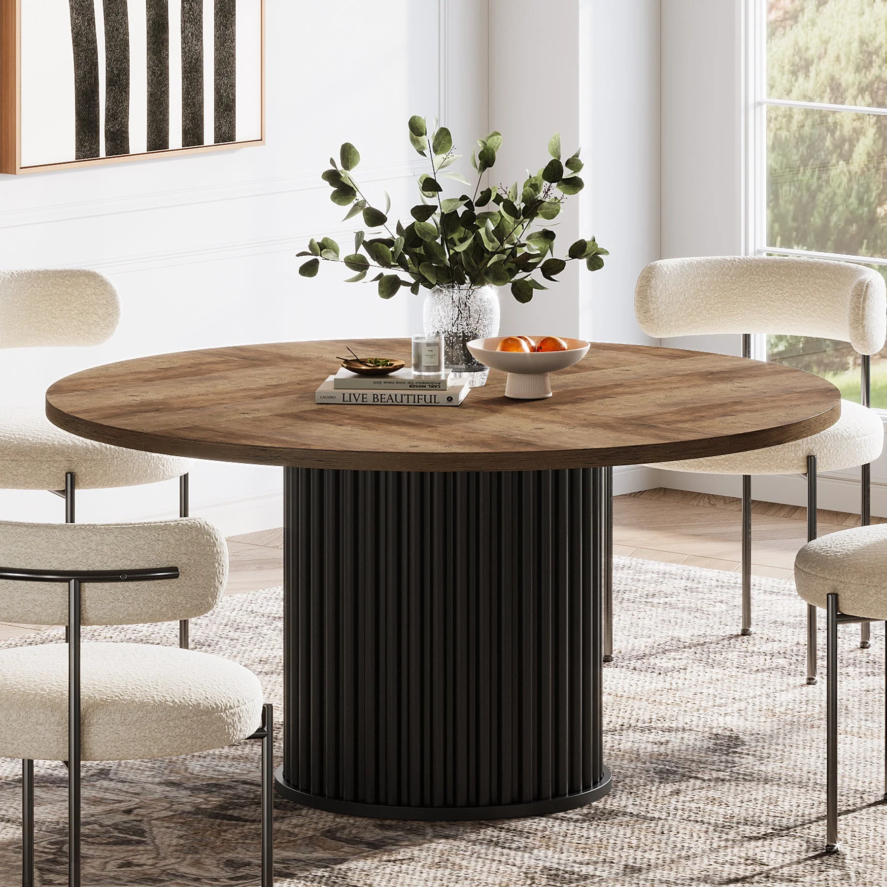 47" Round Dining Table, Wood Kitchen Table With Sturdy Fluted Metal Base - Image 8