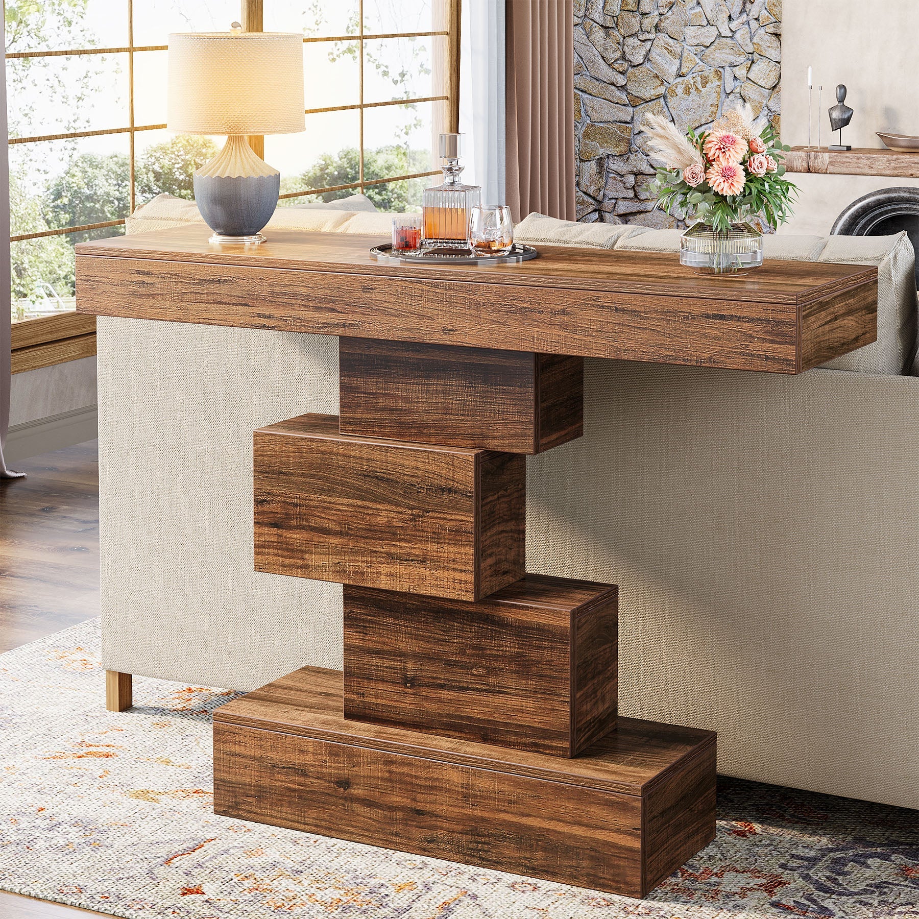 42 Inch Console Table, Narrow Entryway Table with Geometric Base