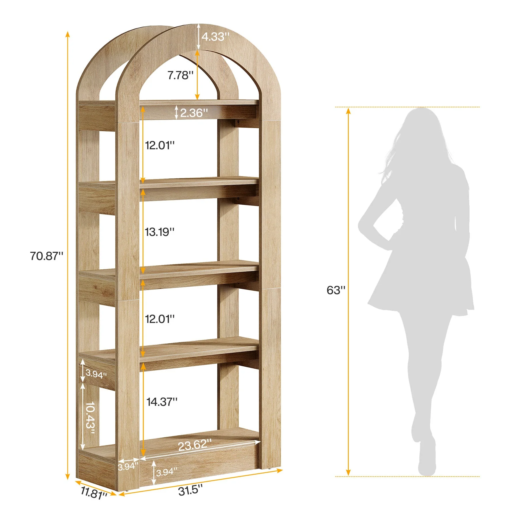 5-Tier Arched Bookshelf, Tall Bookcase Display Shelf for Living Room - Image 2