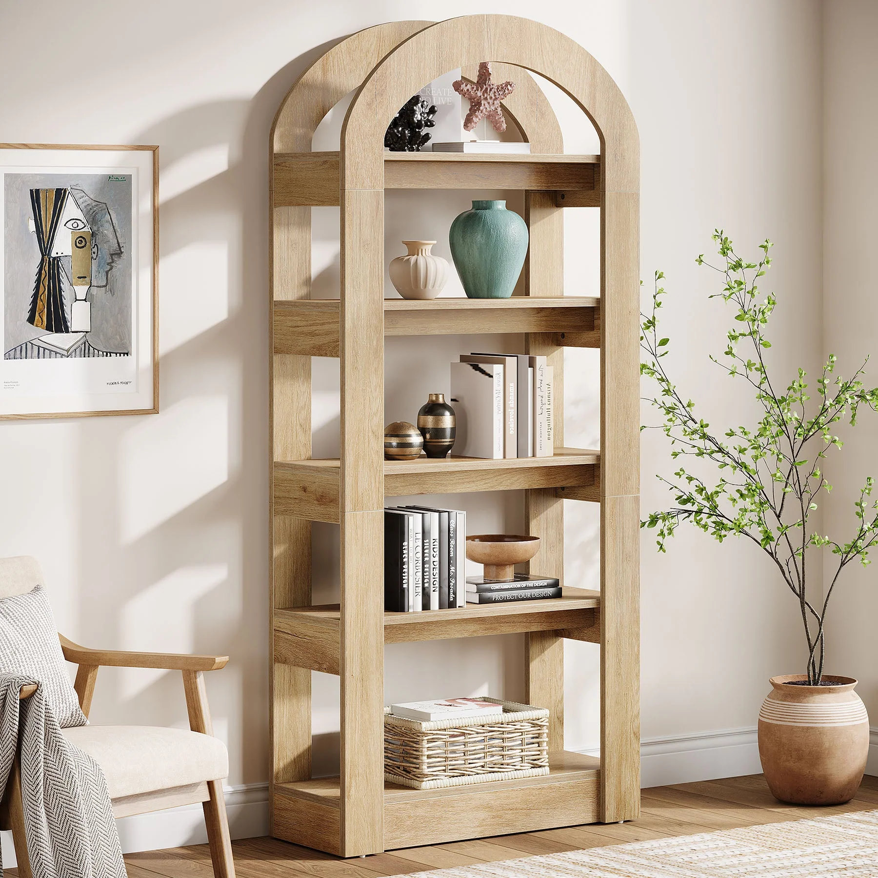 5-Tier Arched Bookshelf, Tall Bookcase Display Shelf for Living Room - Image 3
